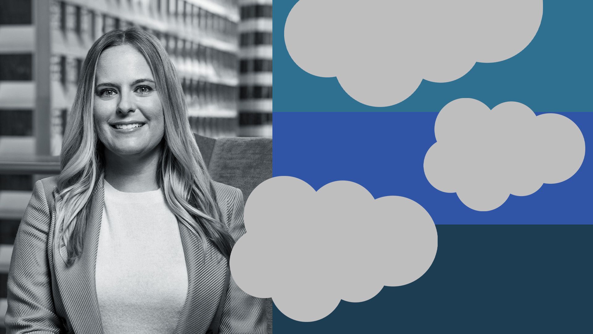 Photo illustration of Margaret Taylor surrounded by abstract shapes and the Salesforce logo.