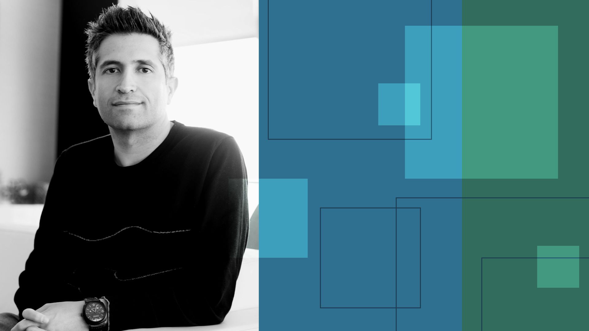 Photo illustration of Guive Balooch surrounded by abstract shapes. 