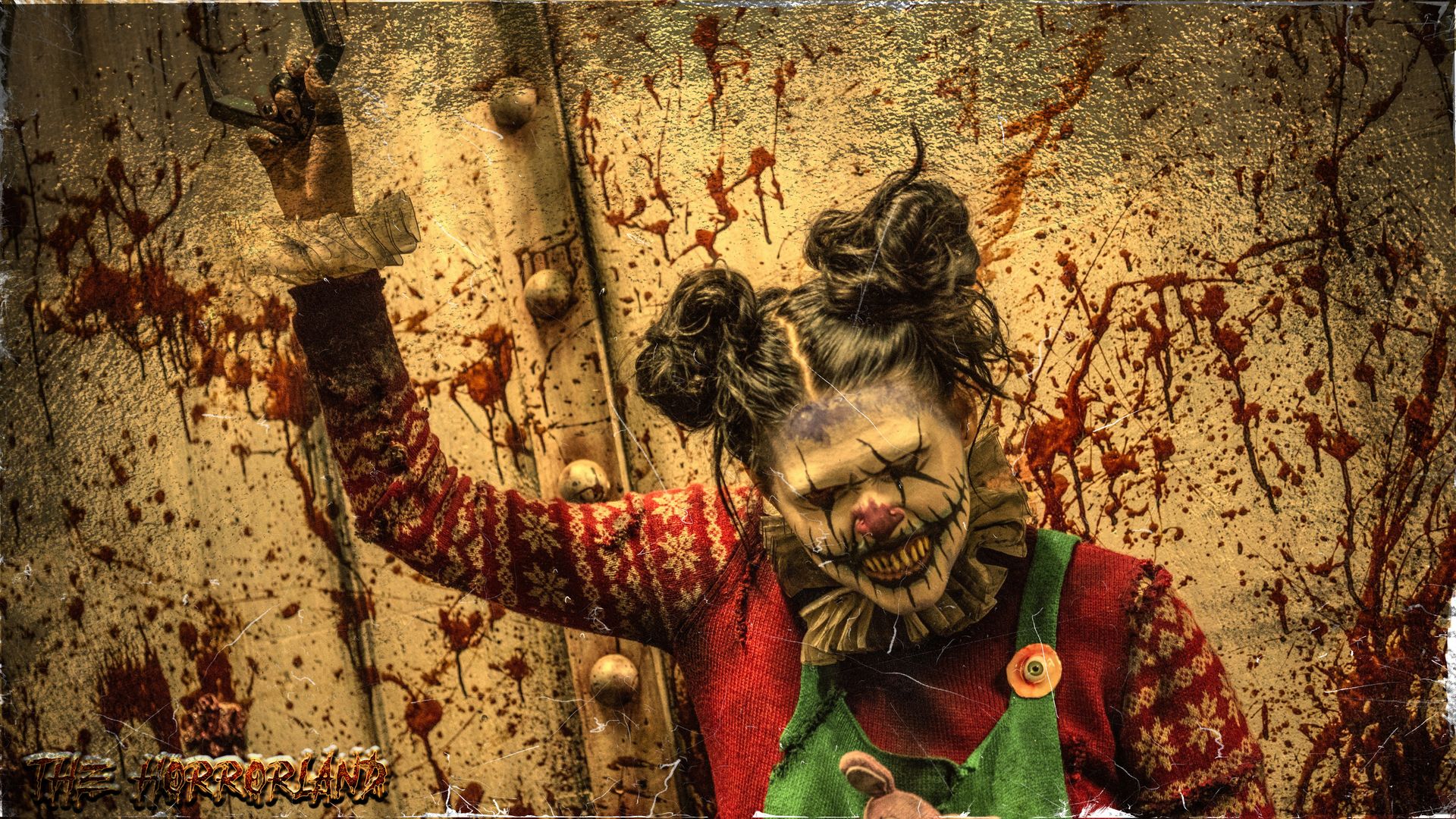 A haunted house character is dressed up like a clown. 