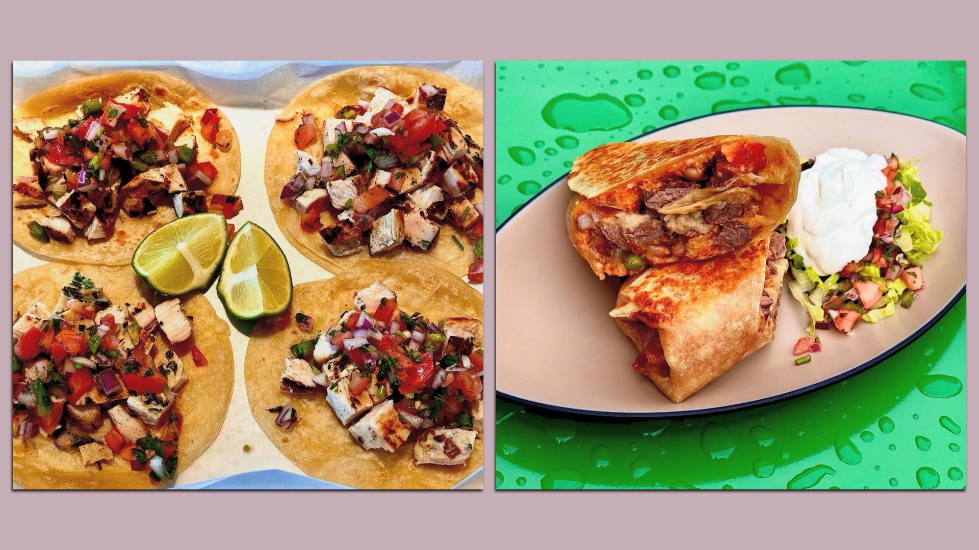 A photo of a brightly colored chicken tacos on corn tortillas and a photo of a burrito on a pink plate on a green table