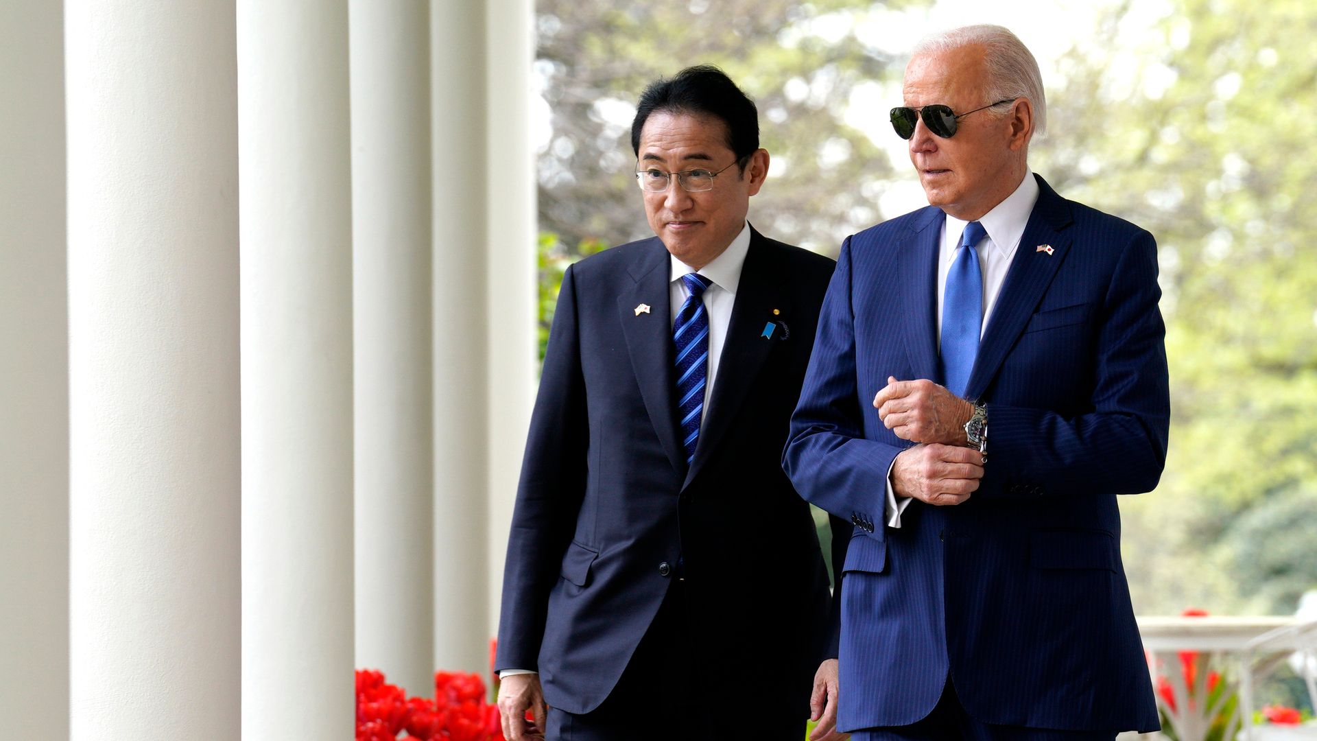 Fumio Kishida, Japan's prime minister, left, and US President Joe Biden, right, arrive for a news conference during a state visit in the Rose Garden of the White House in Washington, DC, US, on Wednesday, April 10, 2024. 