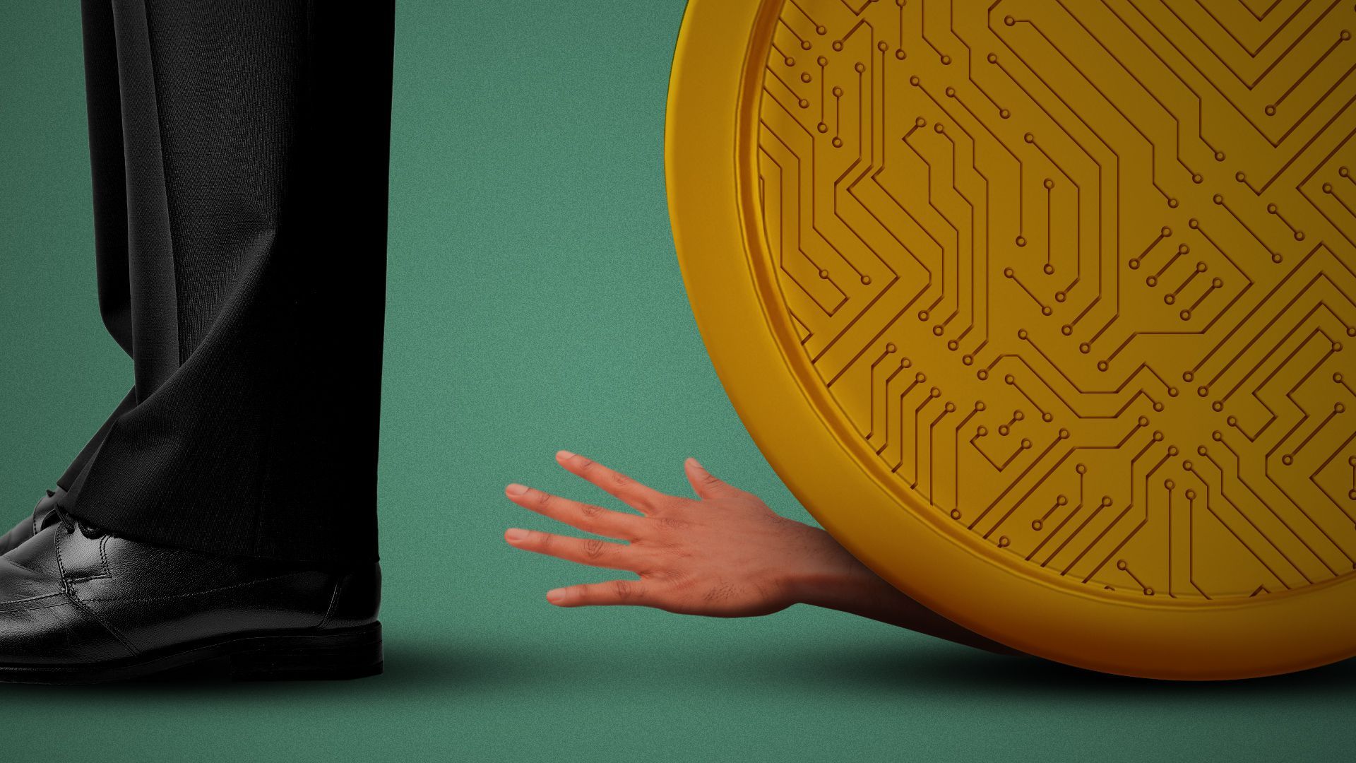 Illustration of a hand being crushed by a crypto coin and reaching out for help, with a pair of legs turned away just out of reach.