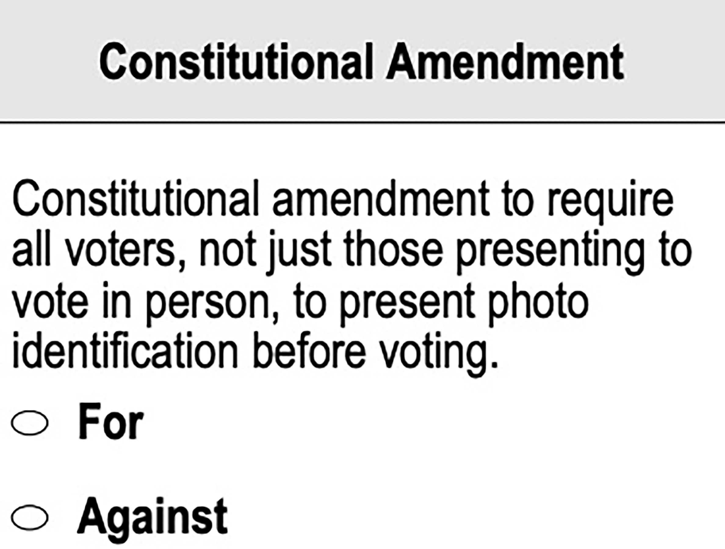 Ballot excerpt with header 'Constitutional Amendment'. Describes requiring all voters to show photo ID before voting; radio options 'For' and 'Against' are shown.