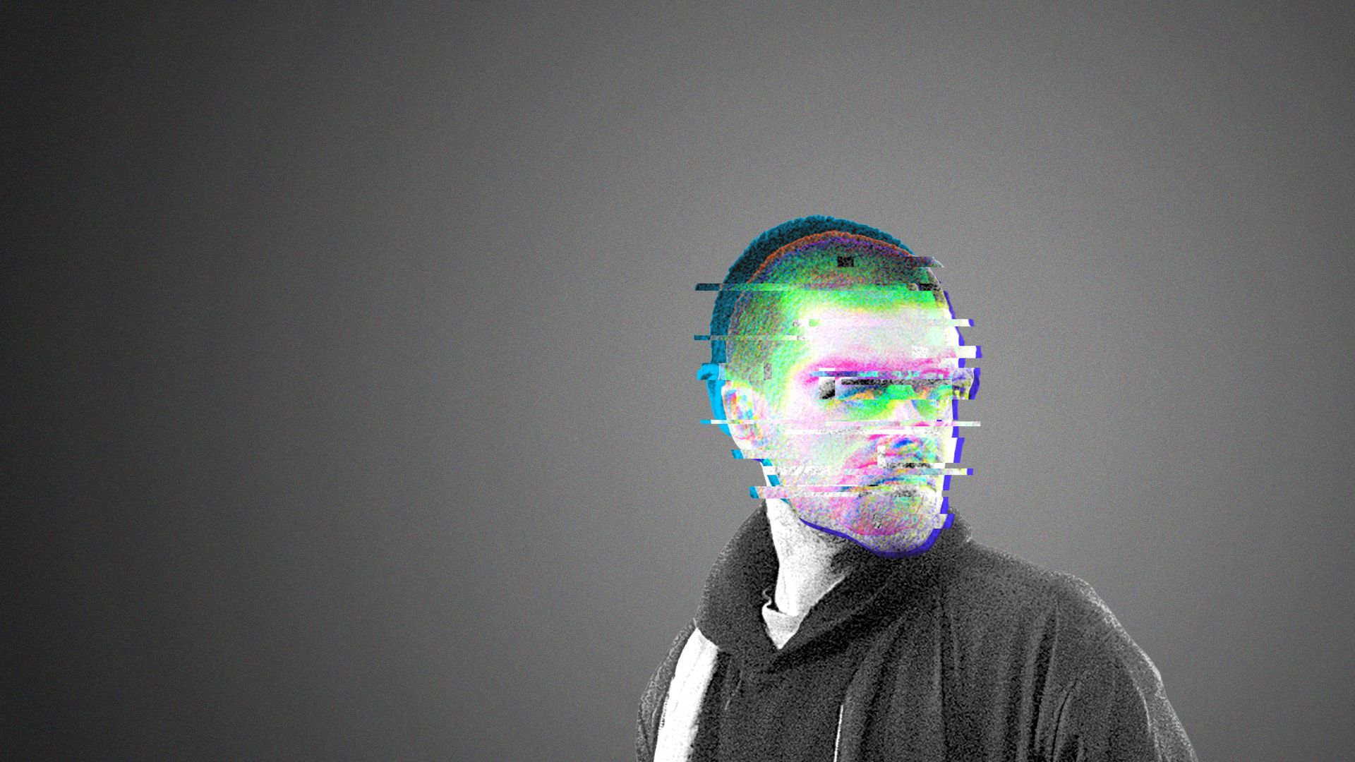 Illustration of a man whose face is obscured by digital glitches.