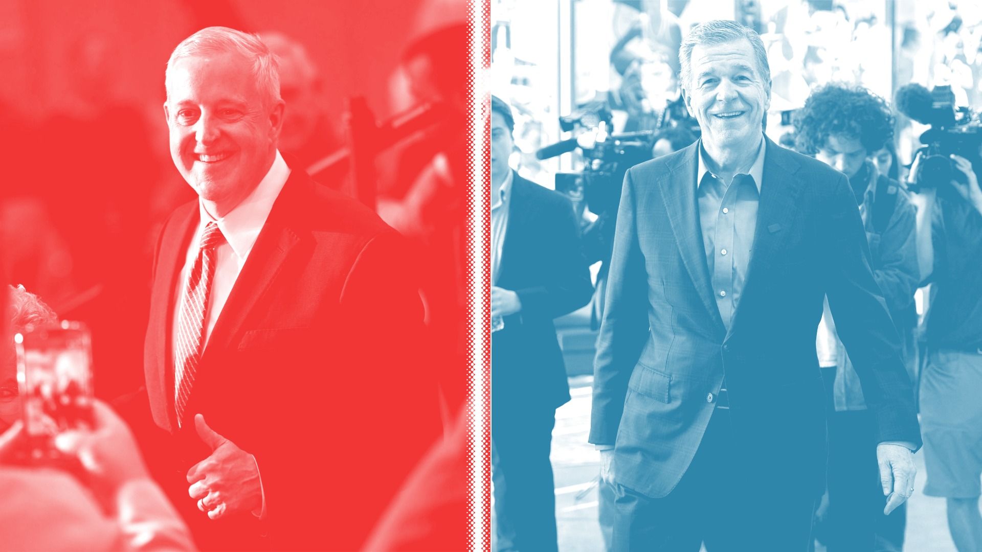 Split-color photograph of two men in suits smiling at a public event; left half tinted red, right half tinted blue, with cameras and a crowd in the background.