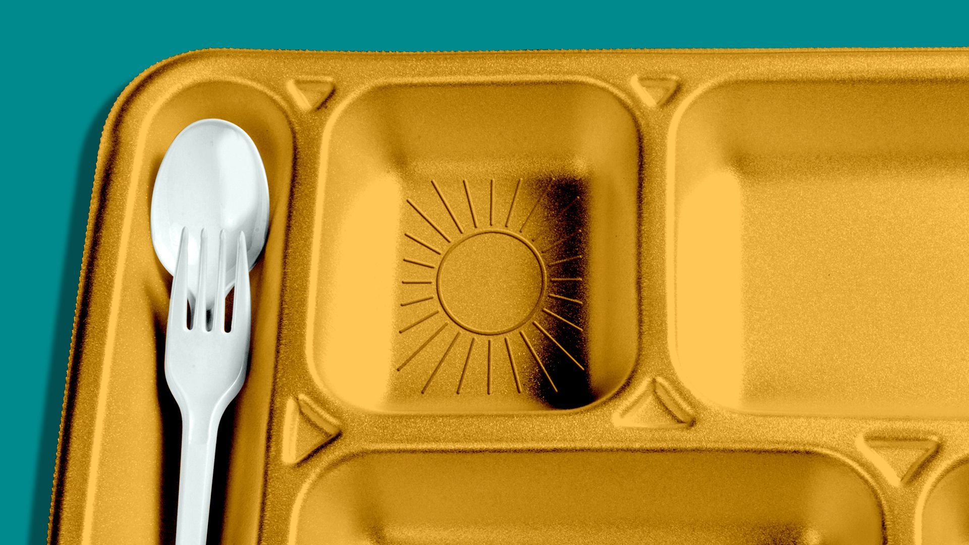 Illustration of a school lunch tray with a sun embossed into it.