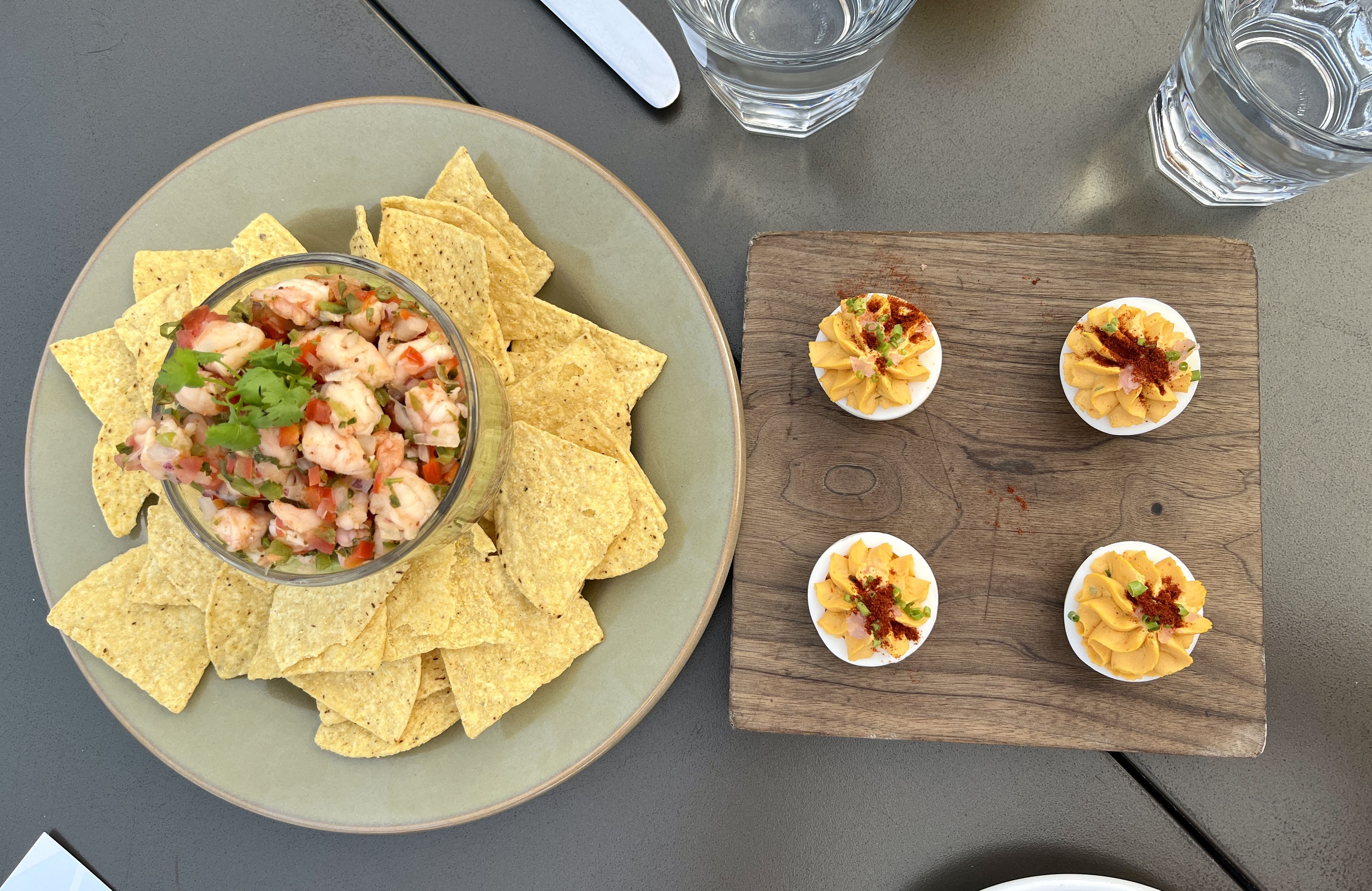 chips and ceviche and devilled eggs