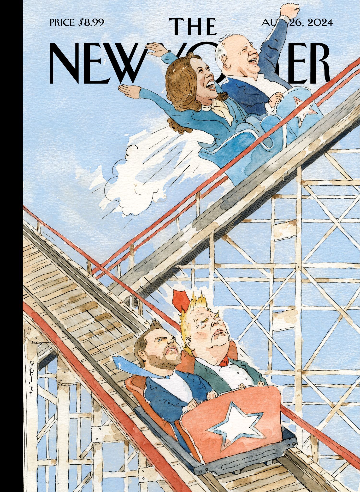 Barry Blitt's New Yorker cover showing Trump, Vance, Harris and Walz on a roller coaster.