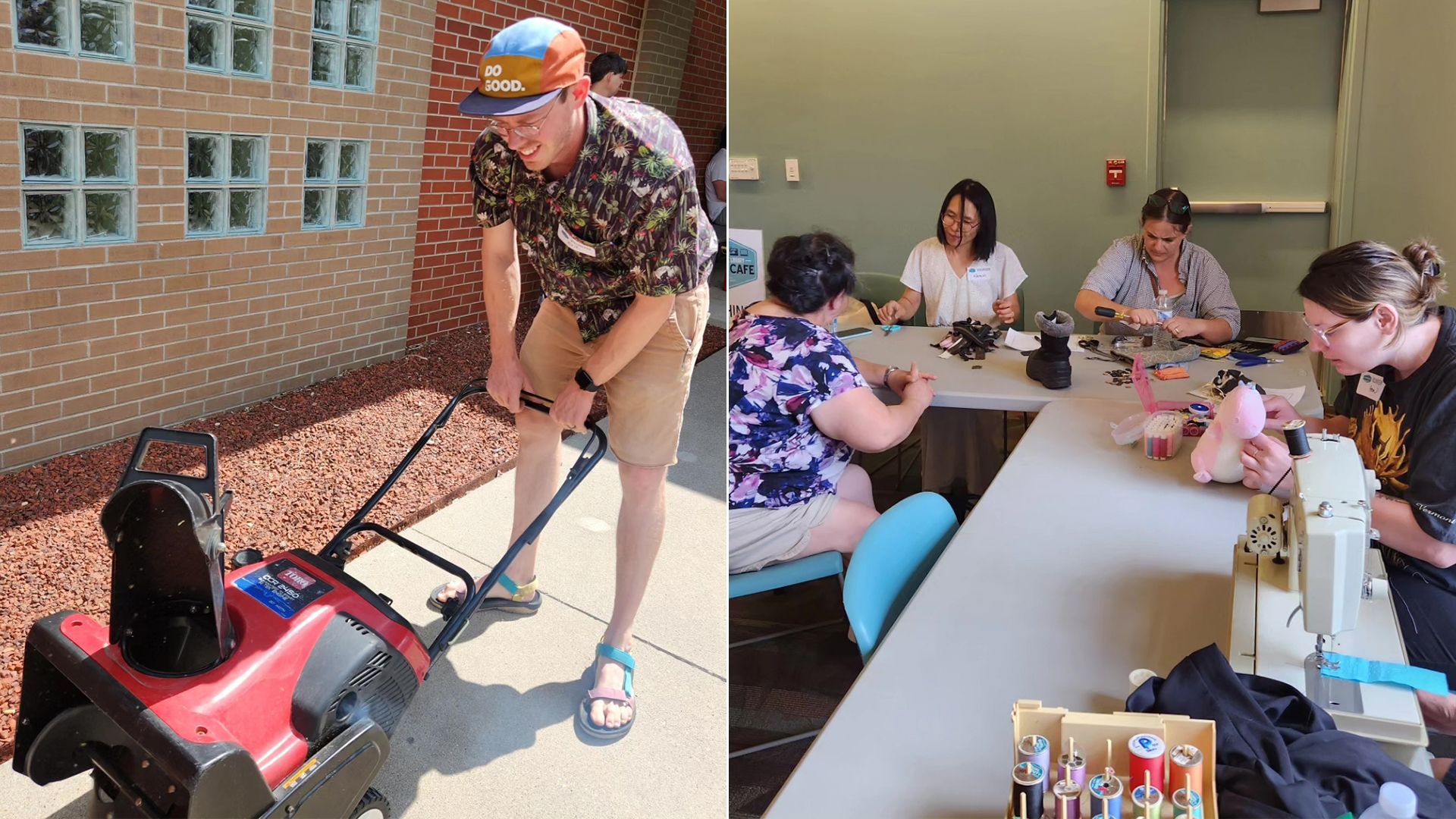 a man with a snow blower and people sewing
