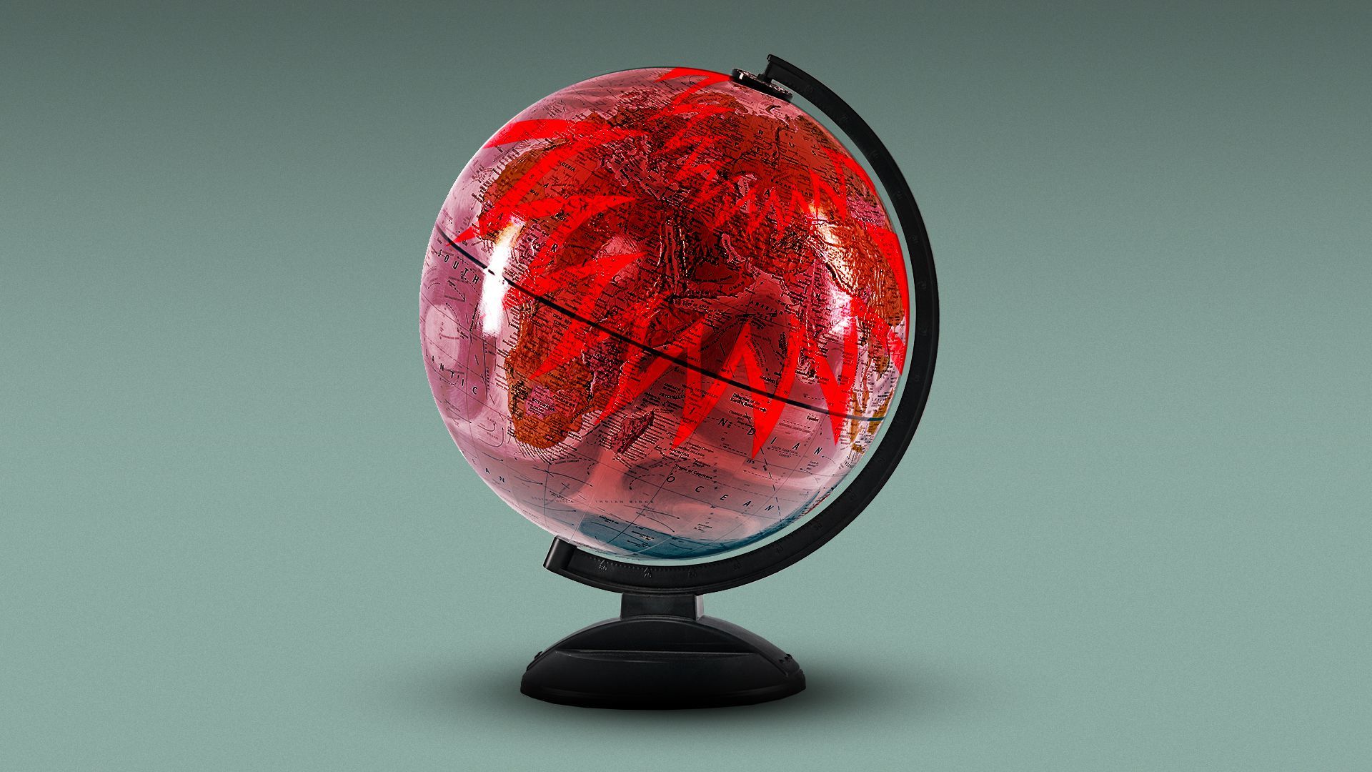 Illustration of a globe with jagged shockwaves radiating from Russia towards Africa