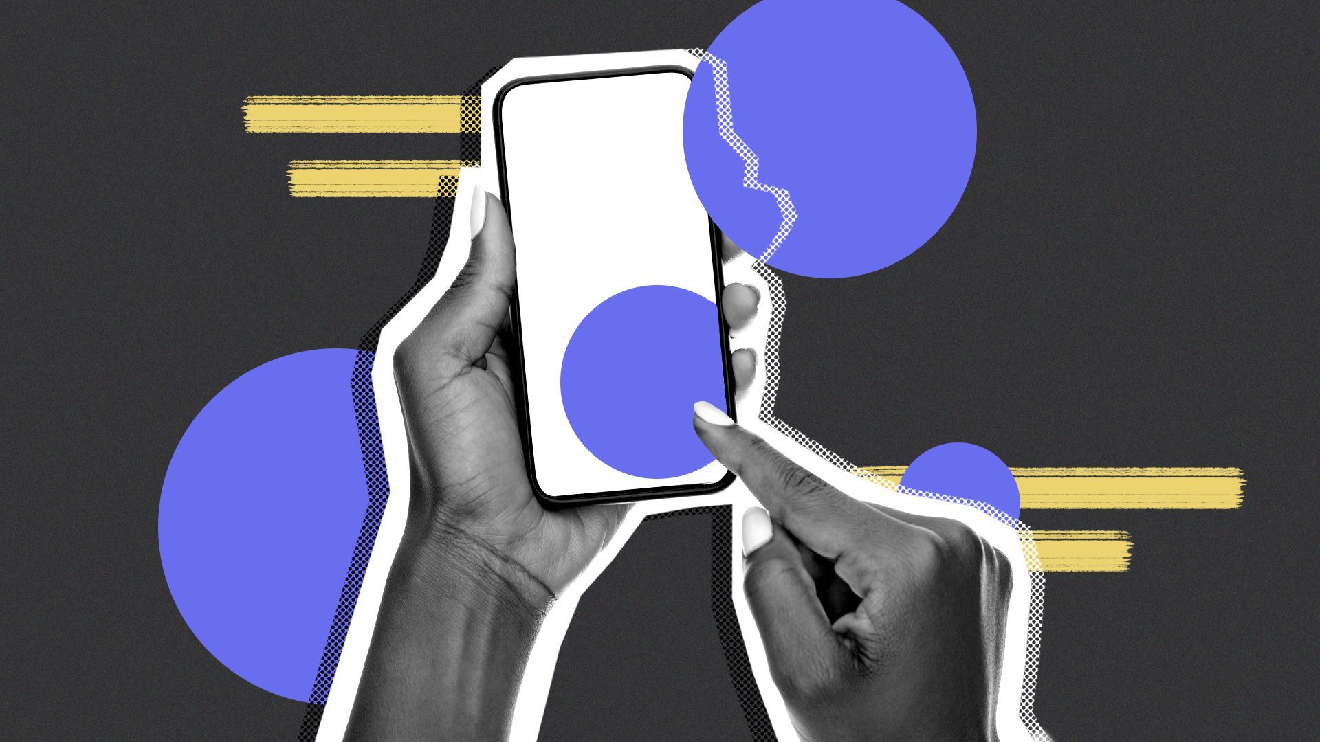 Illustration of hands holding a phone with abstract shapes.