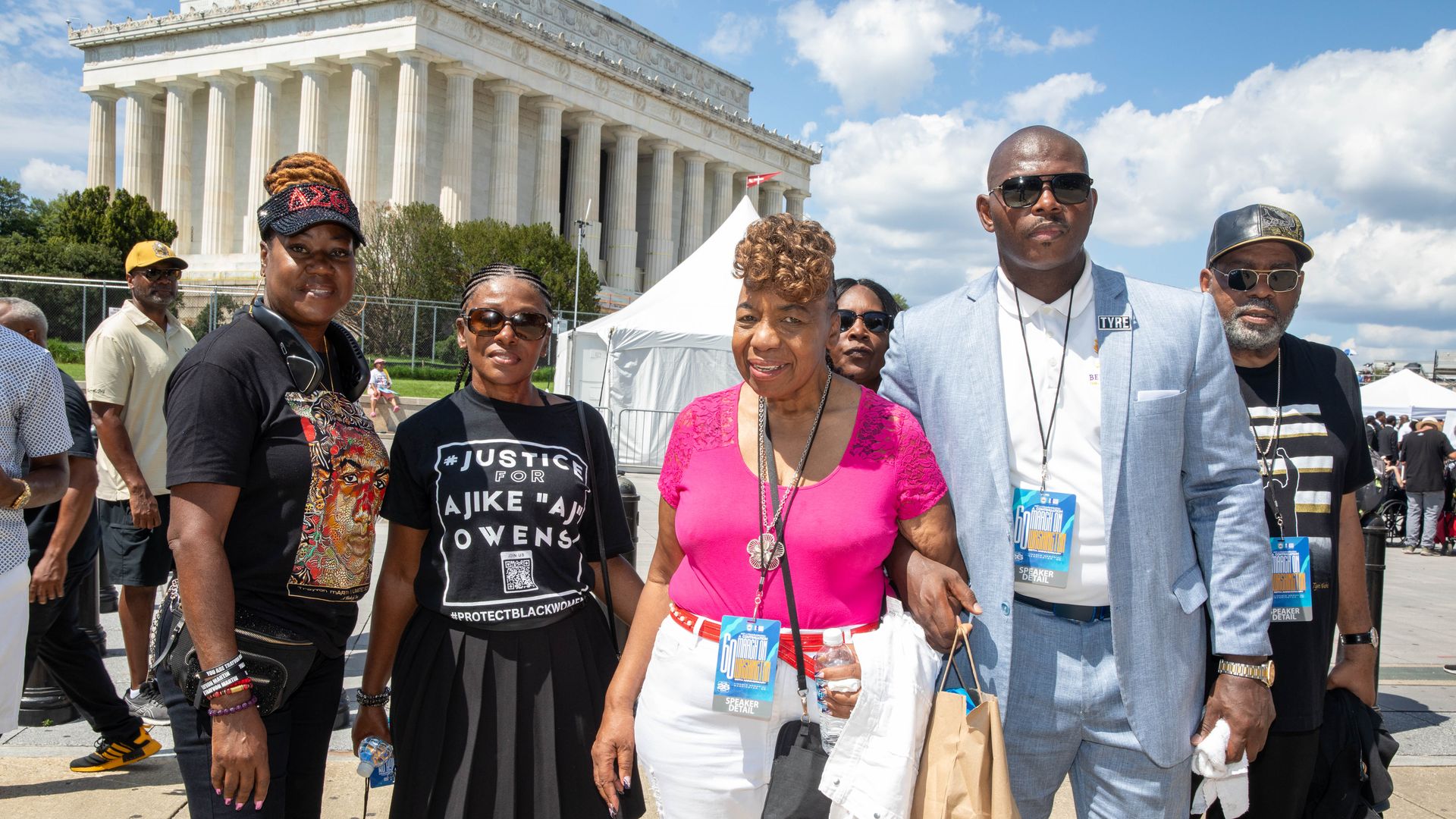 Sabrina Fulton, a guest, Gwen Carr and guest attend the 60th Anniversary Of The March On Washington on August 26, 2023 in Washington, DC. 