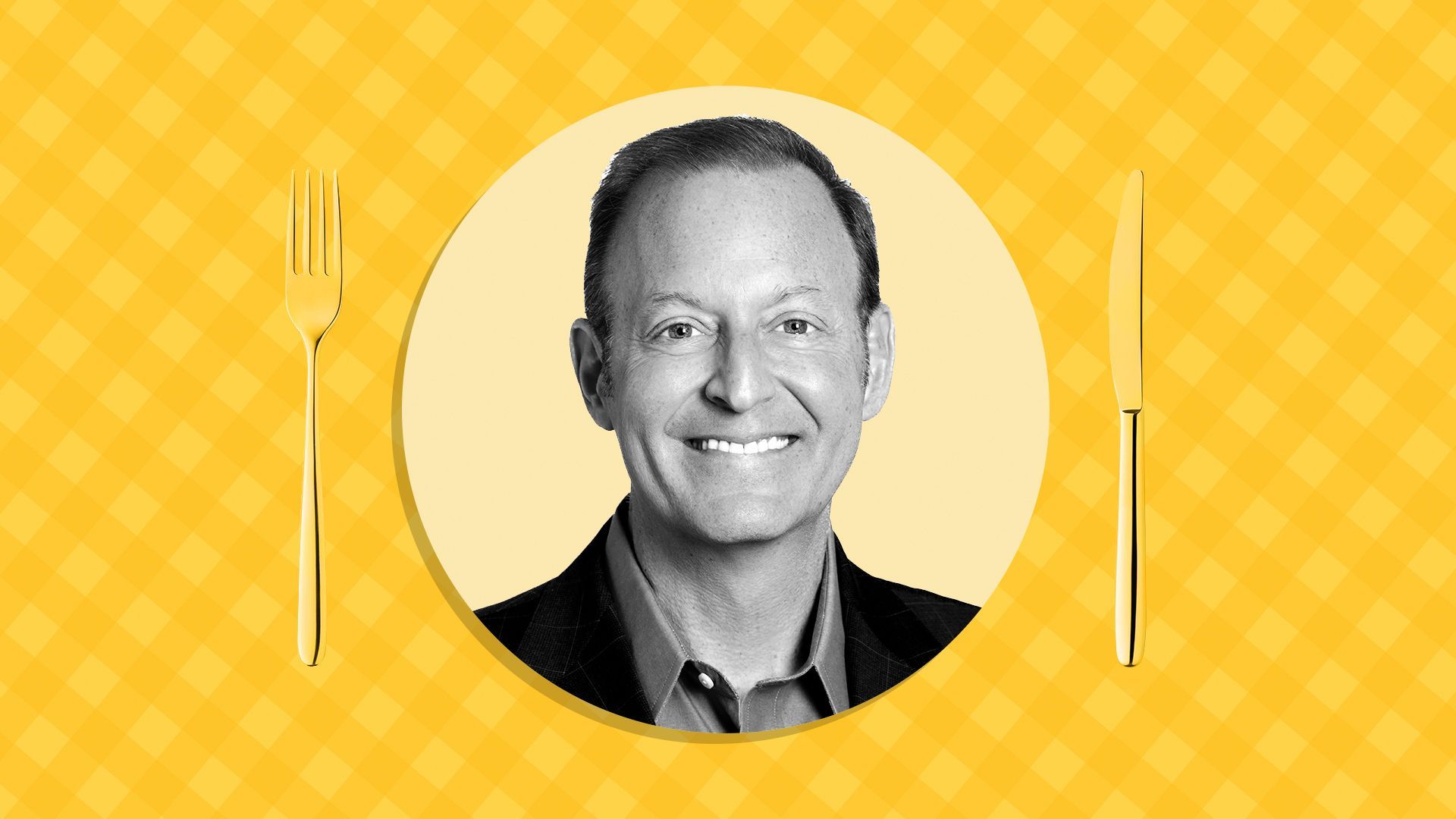 Photo illustration of David Steinberg in front of a picnic table print background.