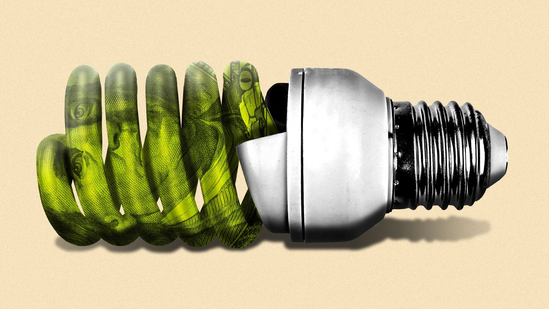 Illustration of a CFL lightbulb on its side, with a 100 dollar bill overlay