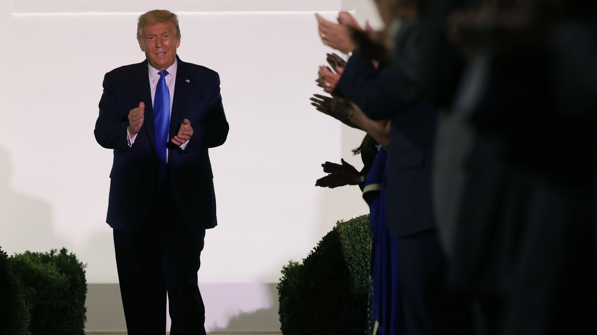 Trump greets guests ahead of first lady Melania Trump's address to the Republican National Convention from the Rose Garden at the White House