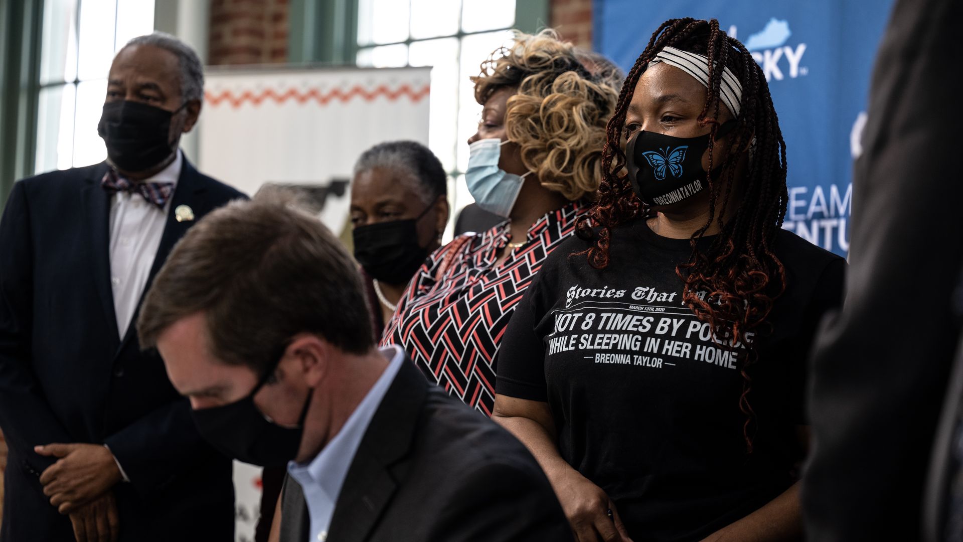 Tamika Palmer, Breonna Taylors mother, cries and watches as Kentucky Gov. Andy Beshear signs SB4 into law at the Center for African American Heritage on April 9, 2021 in Louisville, Kentucky. 