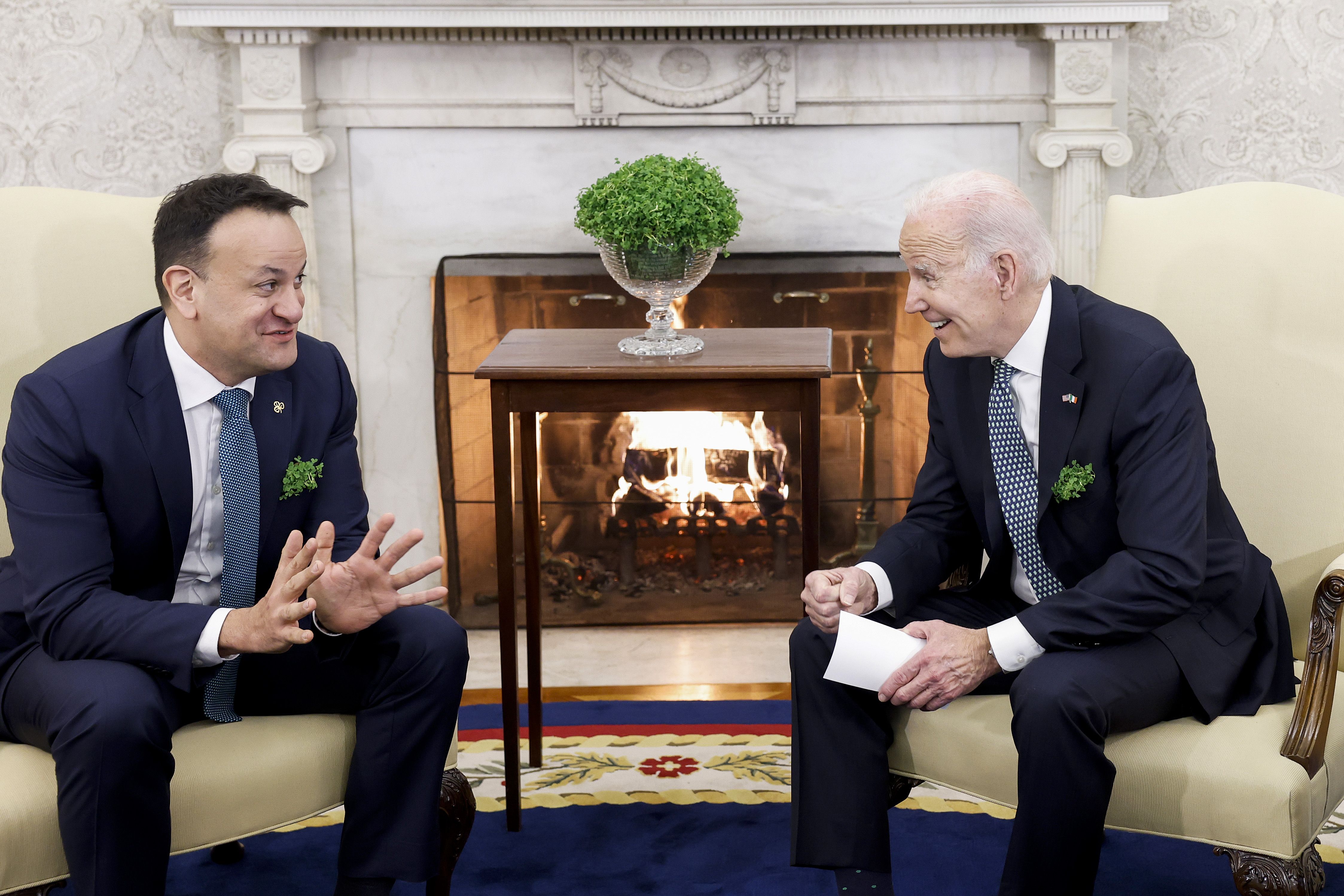 President Biden and Irish Taoiseach Leo Varadkar speak in the Oval Office on St. Patrick's Day.