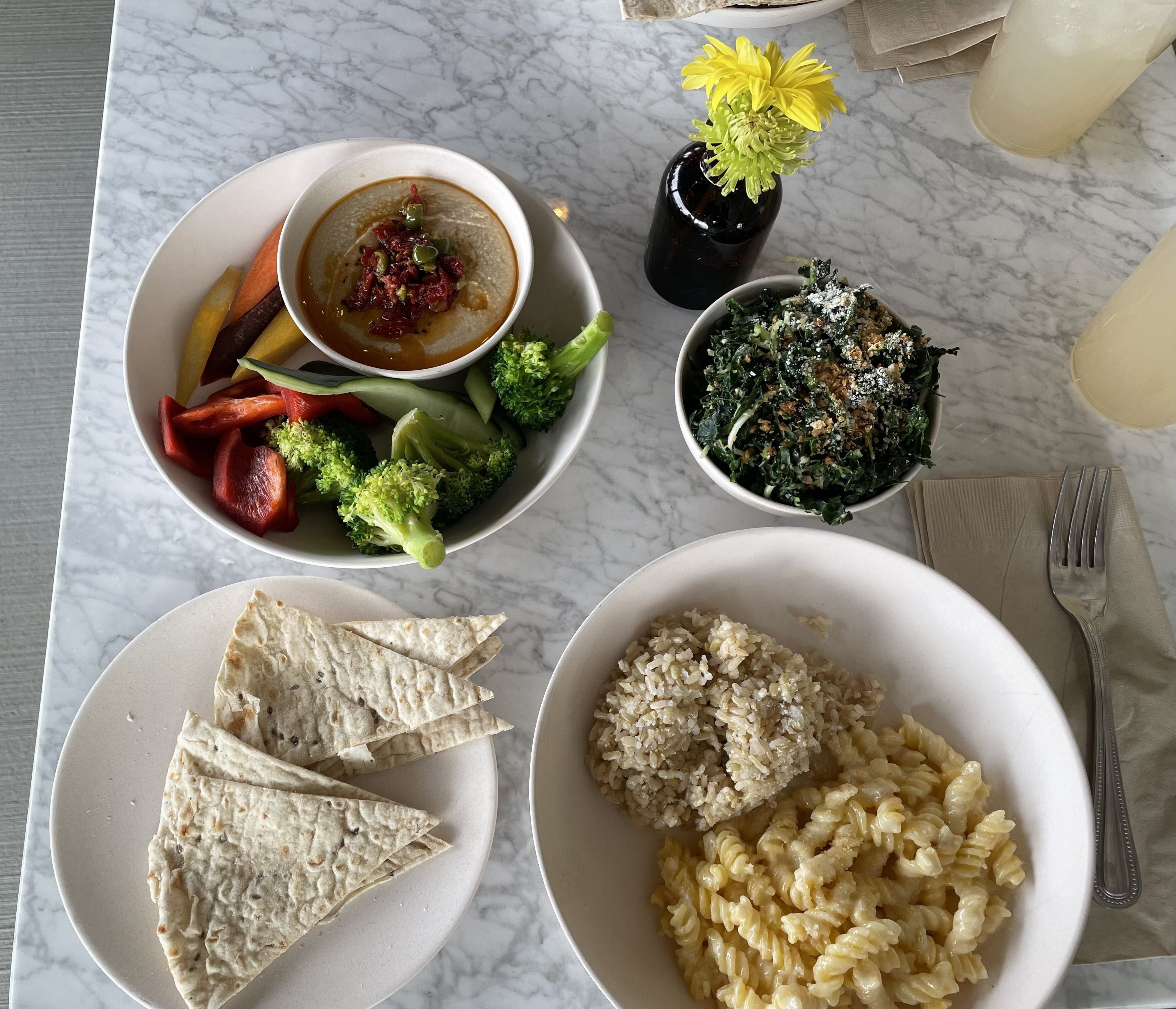 a plate with pita bread, a bowl with hummus and veggies, a kale salad and a bowl with mac & cheese and brown rice sitting on a gray table.