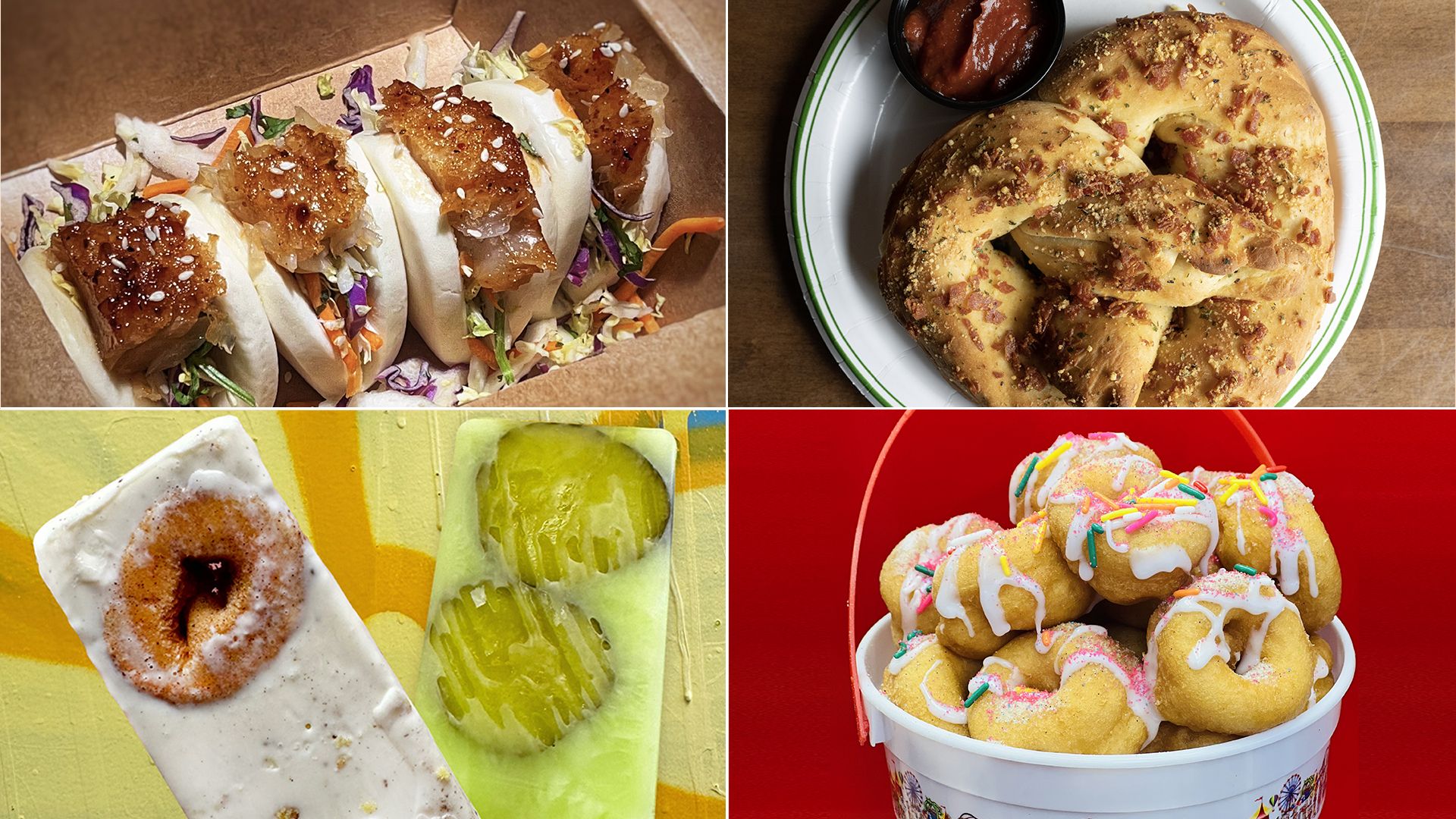 Four photos of food. In order: Lutefisk tacos, a giant cheese curd-stuffed pretzel, two popsicles and a bucket of doughnuts.