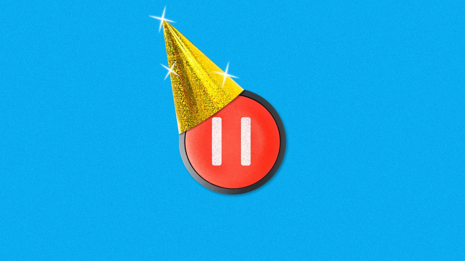 A pause button wearing a party hat.