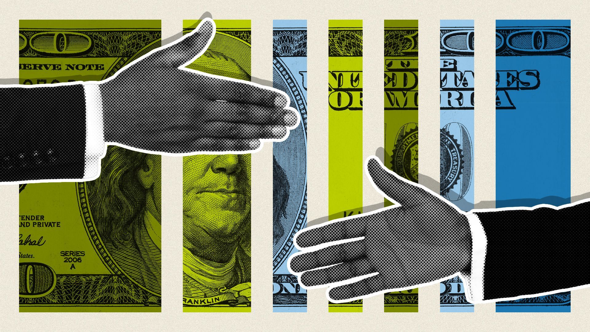 Illustration collage of a handshake over background of hundred dollar bill and rectangles.