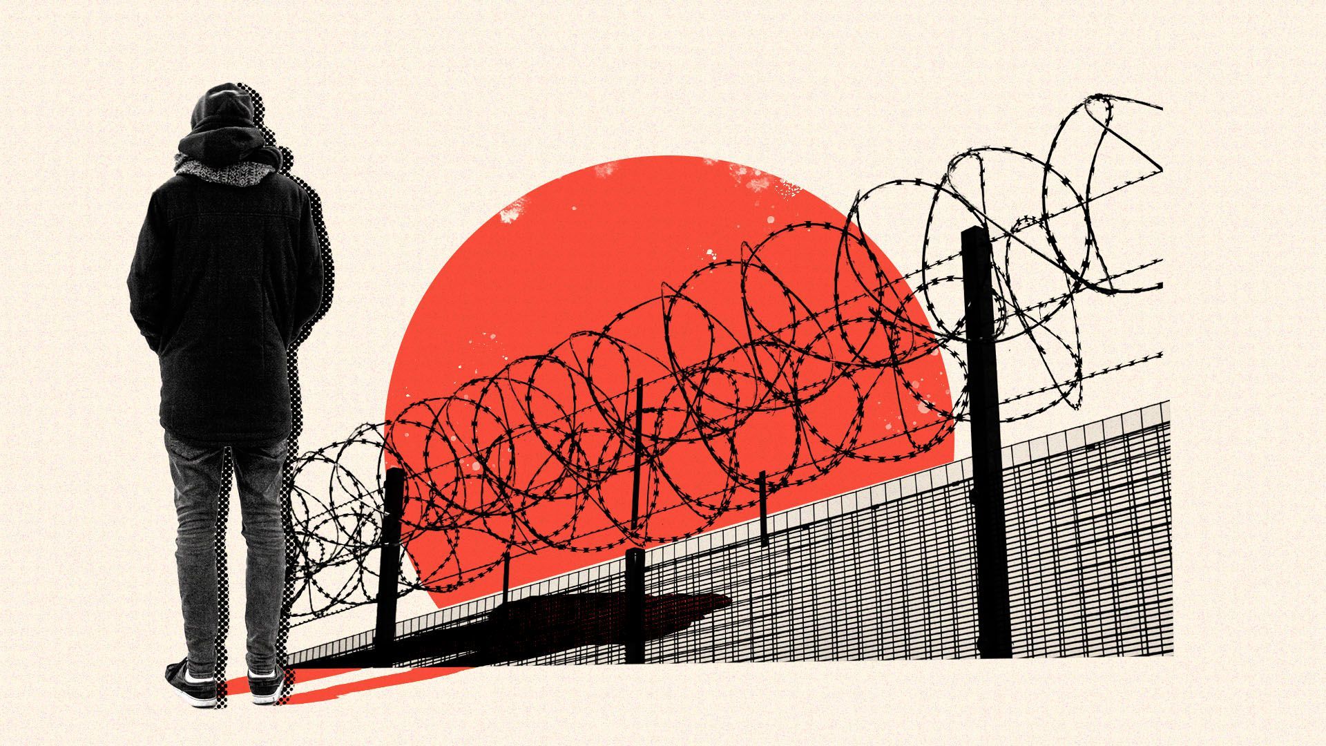 Illustration of a person standing next to a barbed wire fence with a sun in the background