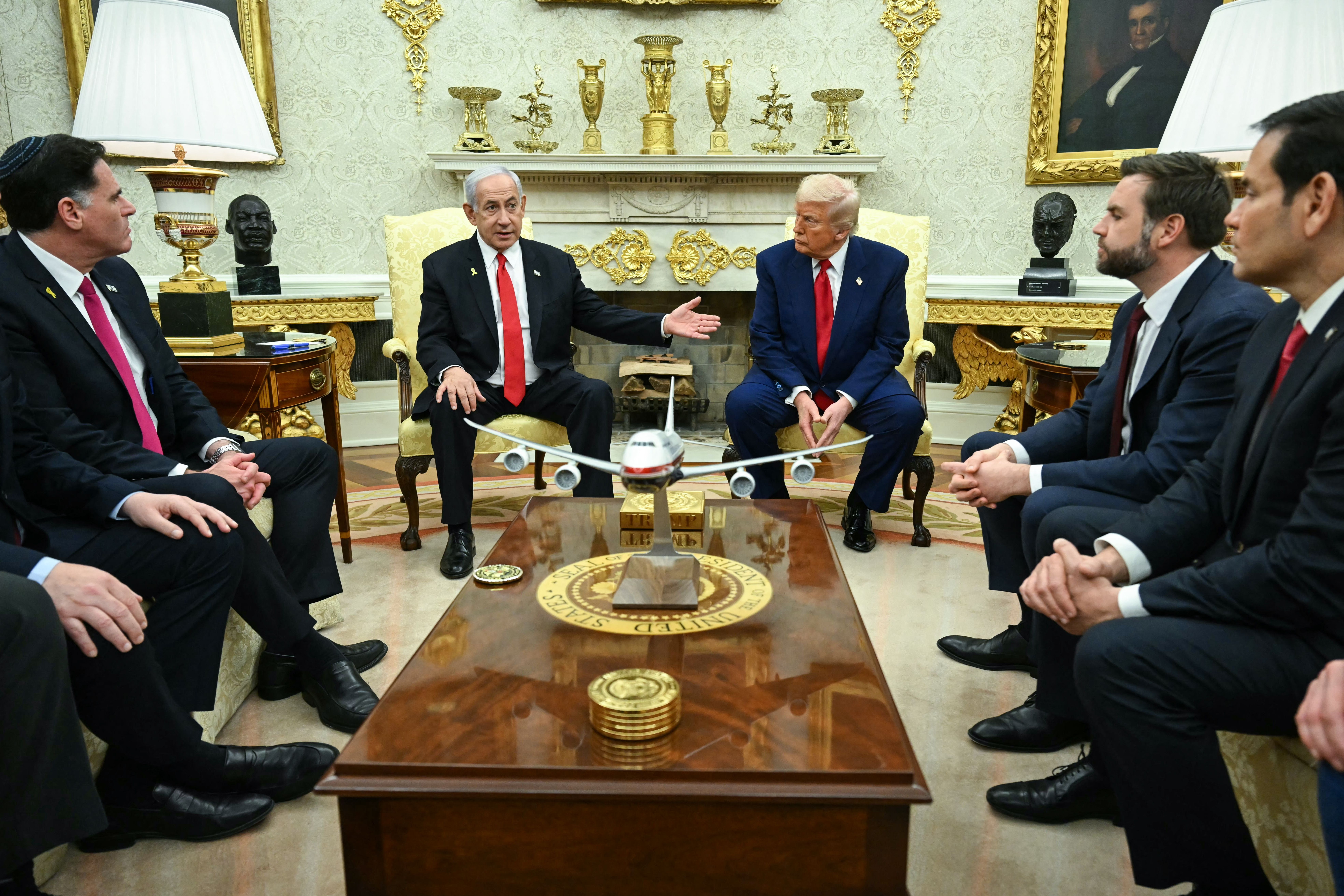 US President Donald Trump meets with Israeli Prime Minister Benjamin Netanyahu in the Oval Office of the White House in Washington, DC, on April 7, 2025. Israeli Prime Minister Benjamin Netanyahu was in Washington on Monday to meet Donald Trump, whom he will likely ask for a reprieve from US tariffs
