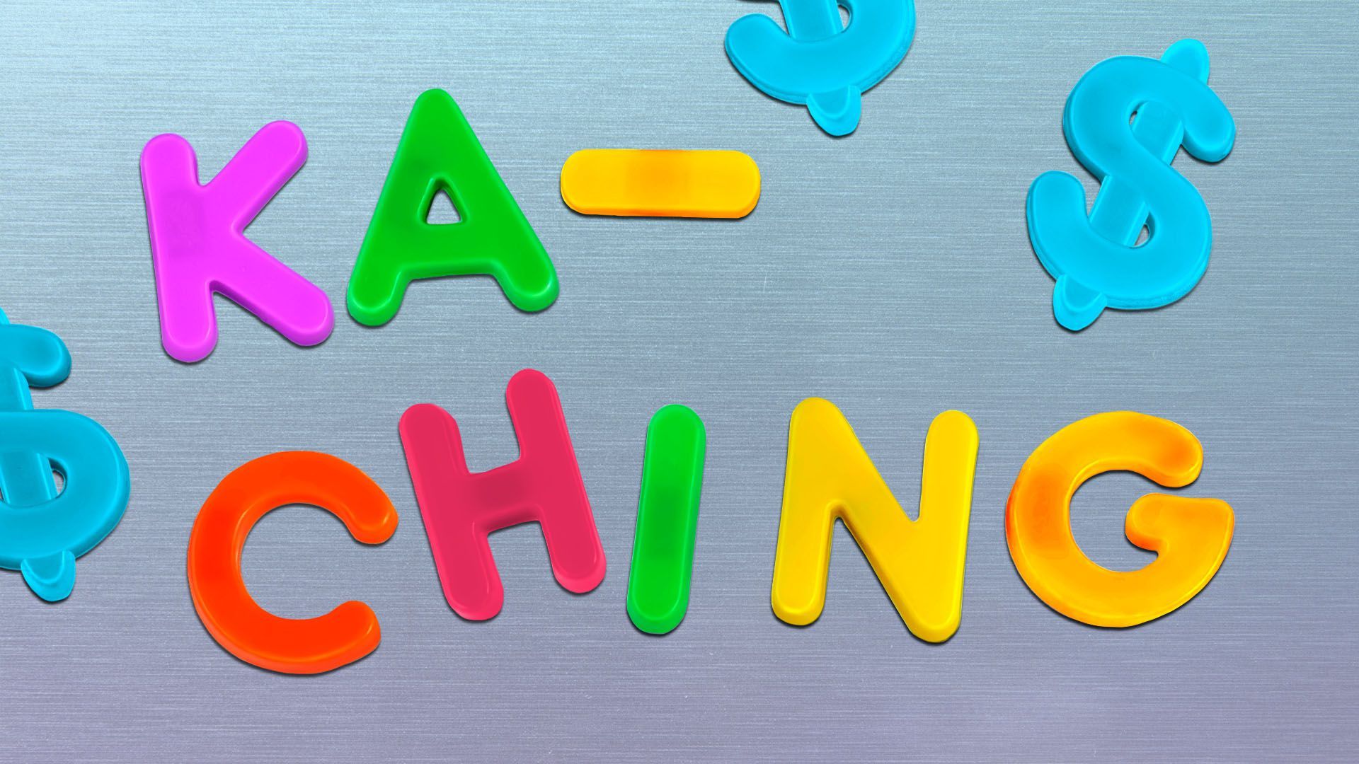 Illustration of a fridge covered in fridge magnet letters spelling out "ka-ching"