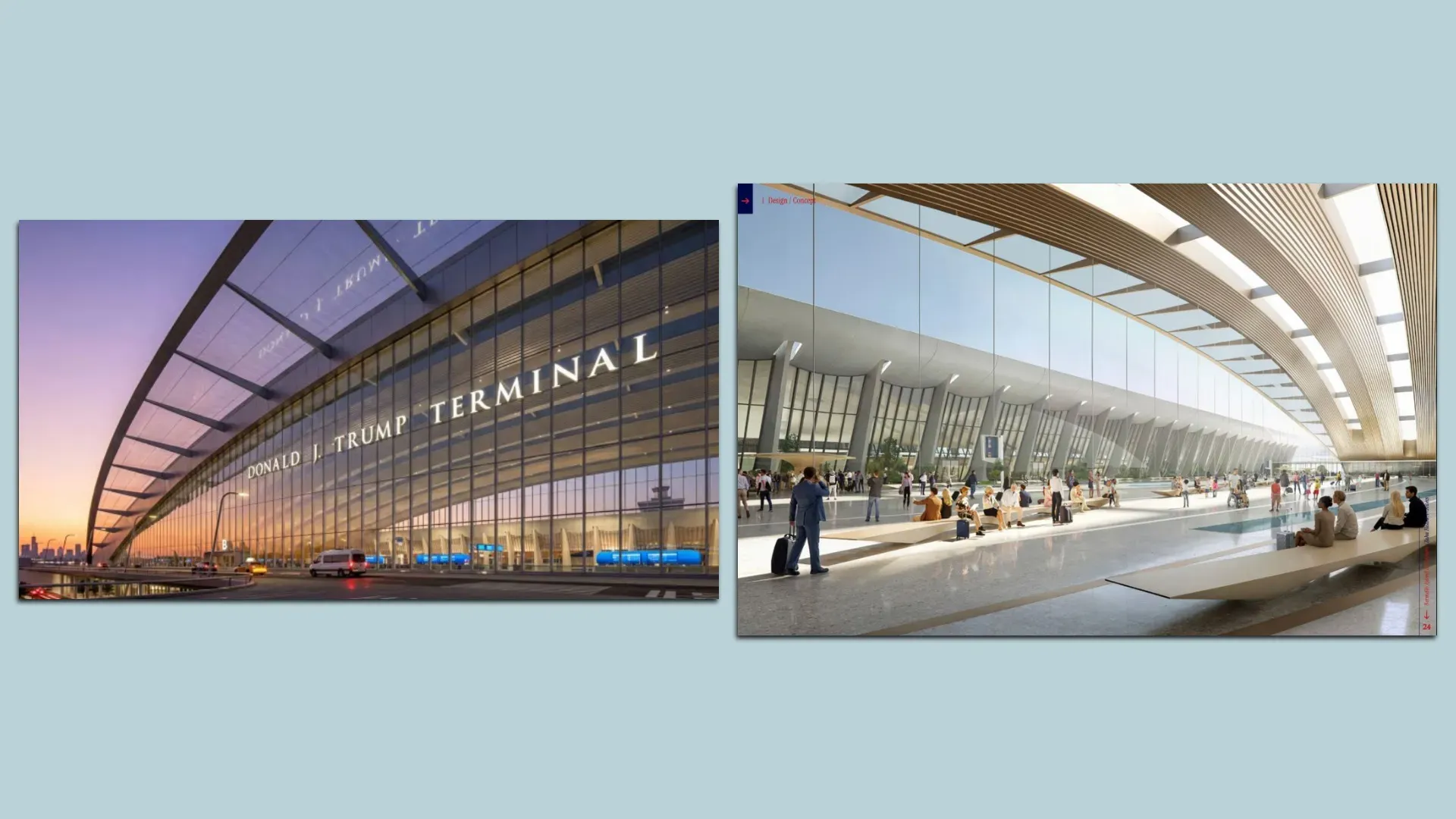 Two views of Donald J. Trump Terminal: exterior glass facade at sunset with cars, and spacious interior with high ceiling, curved wood beams, large windows, and people waiting.