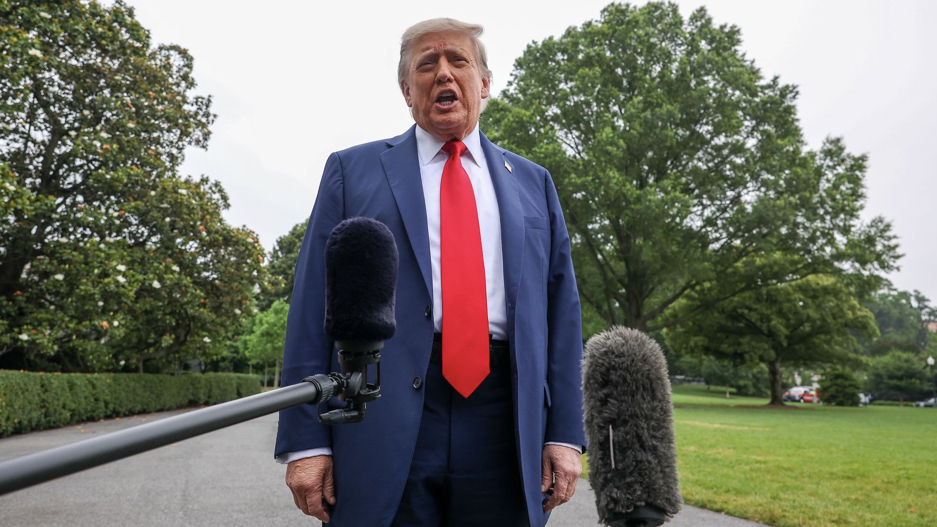 President Trump stops and talks to the media before he boards Marine One on the South Lawn at the White House on June 15, 2025 in Washington, DC. President Trump stops and talks to the media before he boards Marine One on the South Lawn at the White House on June 15, 2025 in Washington, DC.