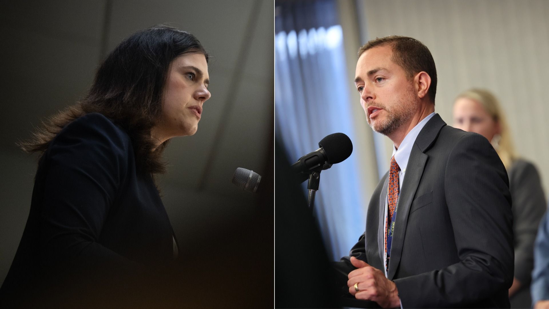 Split image: left, a woman with dark hair in a dark blazer speaks into a microphone; right, a man in a gray suit and orange tie addresses a microphone, with a blurred observer in the background.