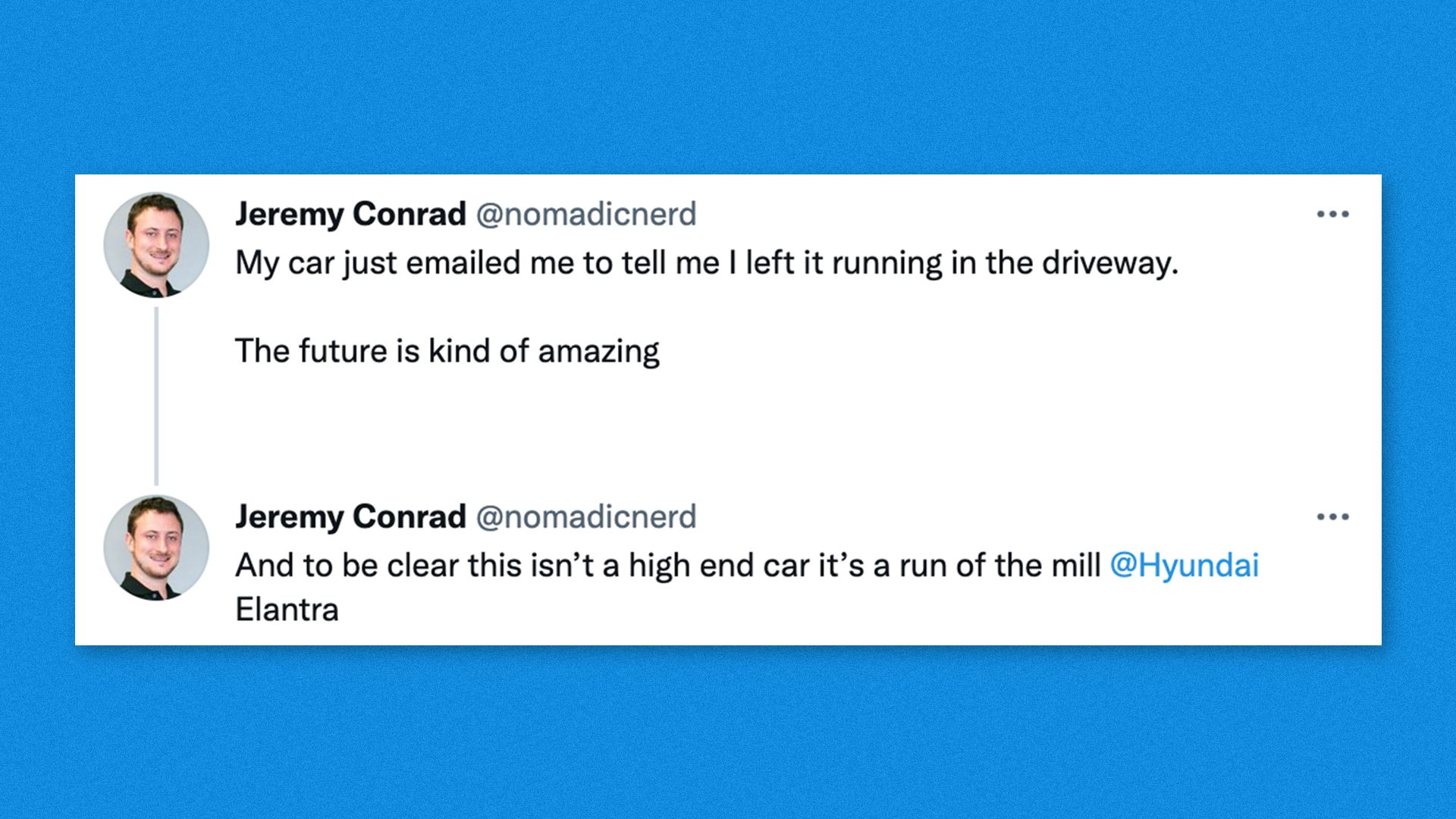 Screenshot of a tweet in which the CEO of Quartz is effusing over his car emailing him to say he left it running in the driveway. 