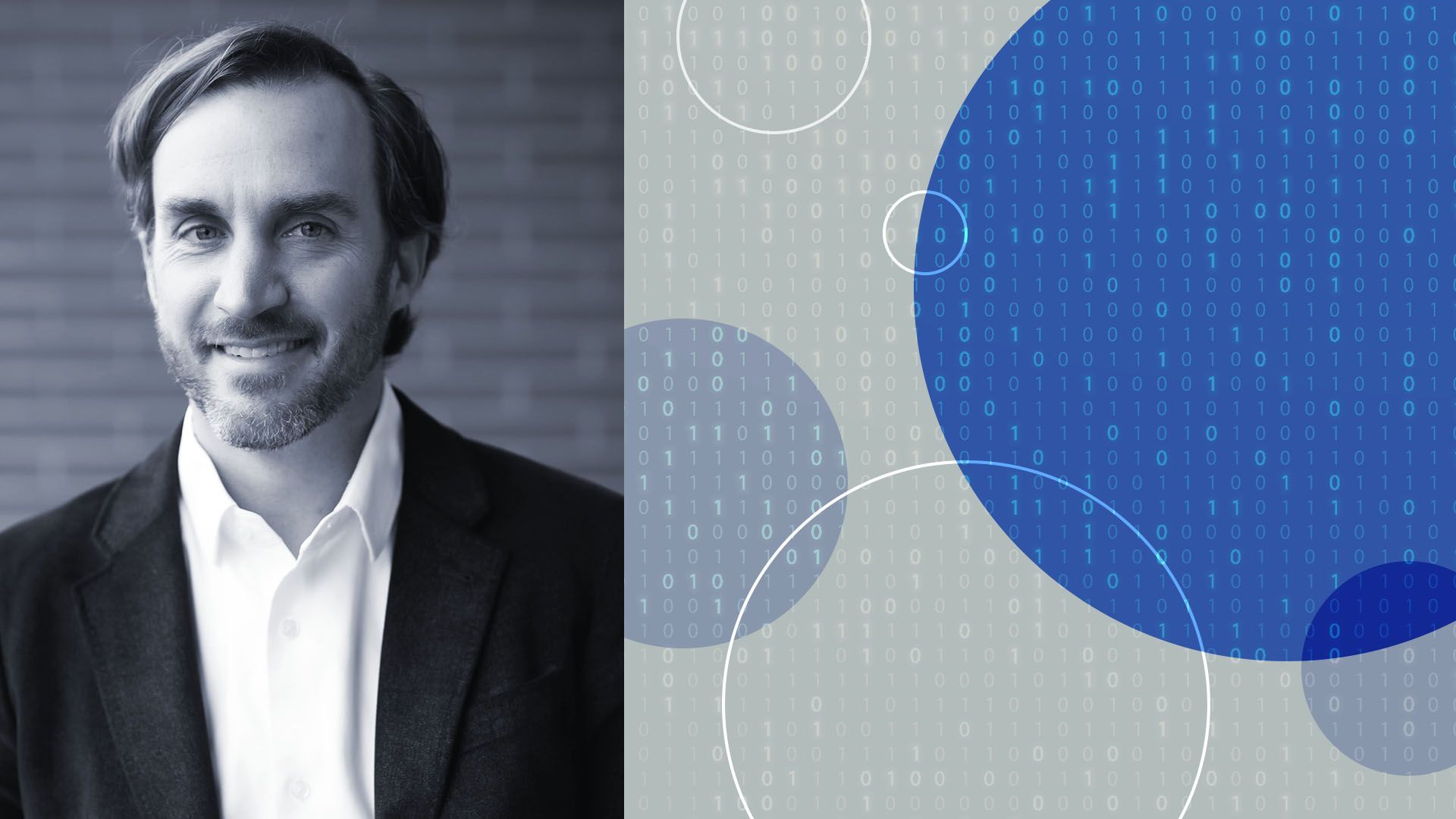 portrait of Chris Adams of Francisco Partners surrounded by circles and binary code