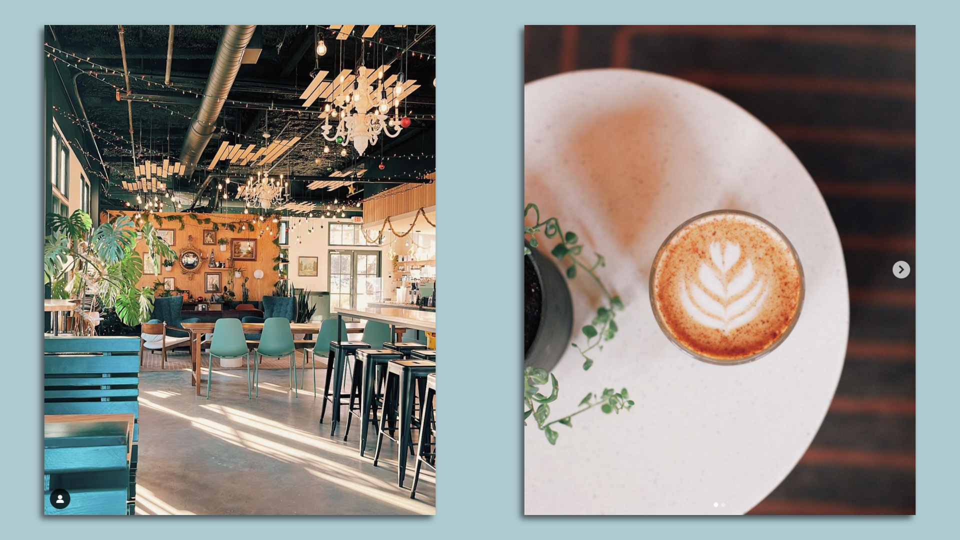 Side by side photos of a coffee shop with tan and easter blue color scheme and a latte with artful foam