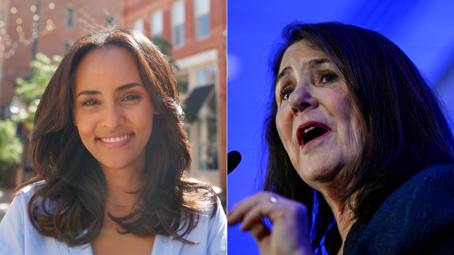 Side-by-side images of two women: left, a smiling woman with long brown hair outdoors in daylight; right, a serious woman with dark hair speaking into a microphone against a blue background.