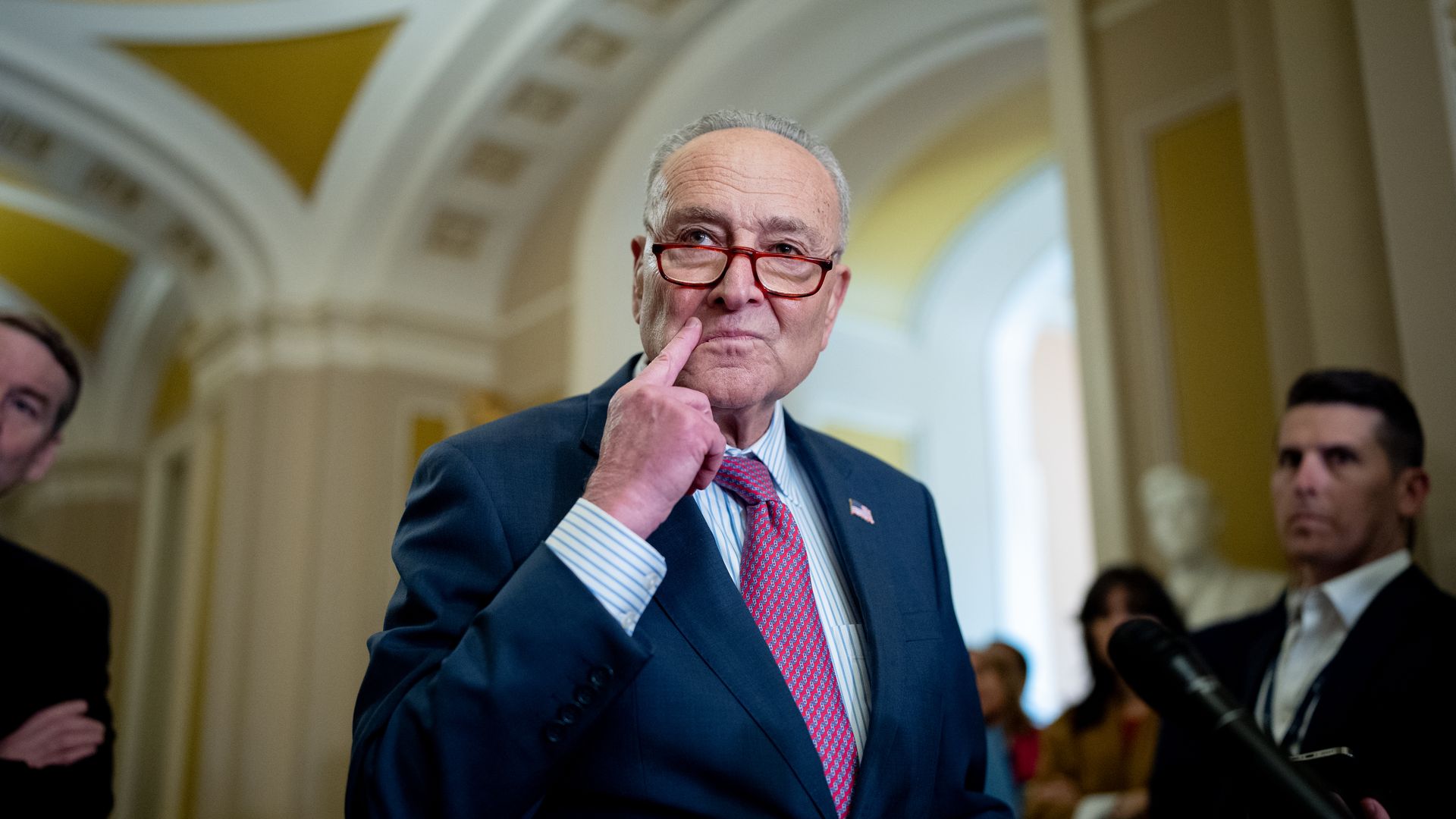 Senate Majority Leader Chuck Schumer (D-NY) listens to a question from a reporter during a news conference following a Senate Democratic party policy luncheon 