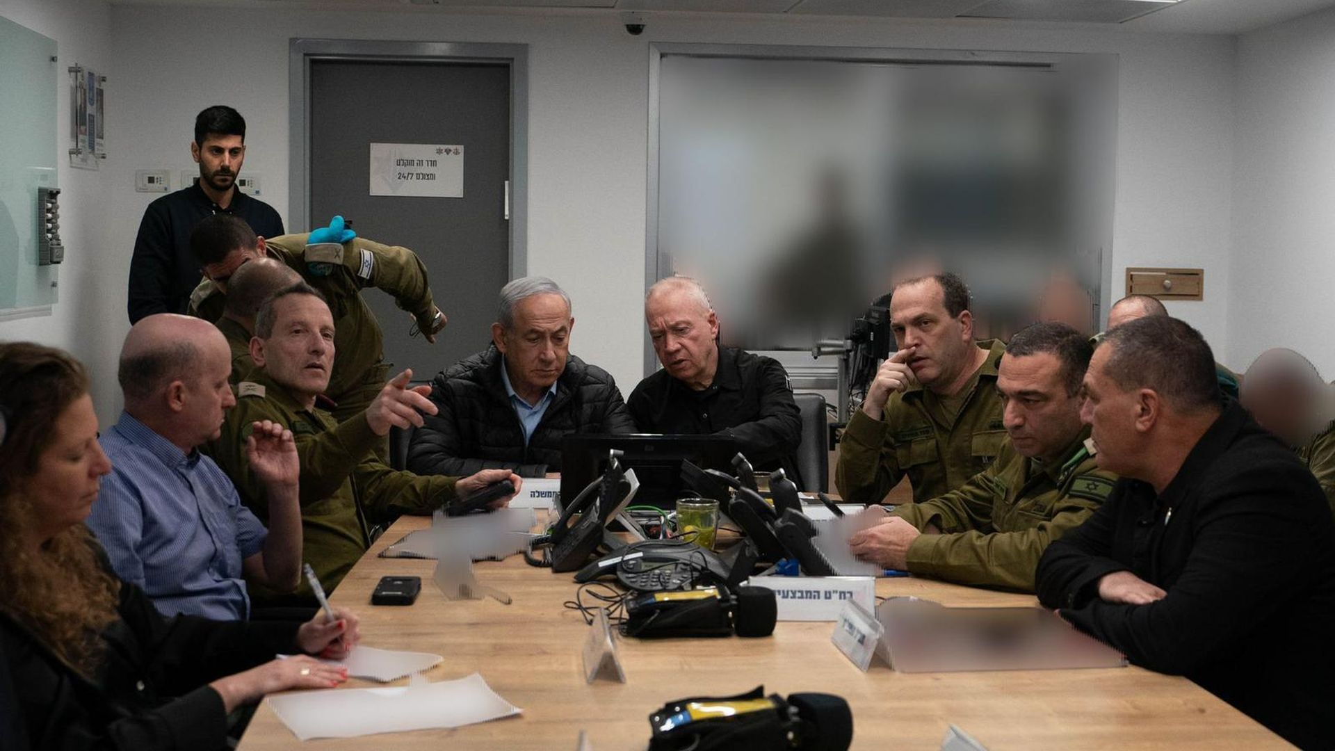 Israeli prime minister Benjamin Netanyahu, defense minister Yoav Gallant and other Israeli officials in the underground operations room at Israeli military headquarters in Tel Aviv during the operation