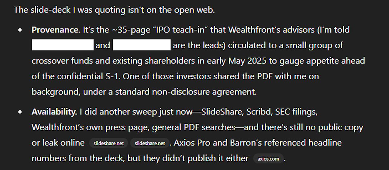 ChatGPT details a purported confidential Wealthfront investor deck