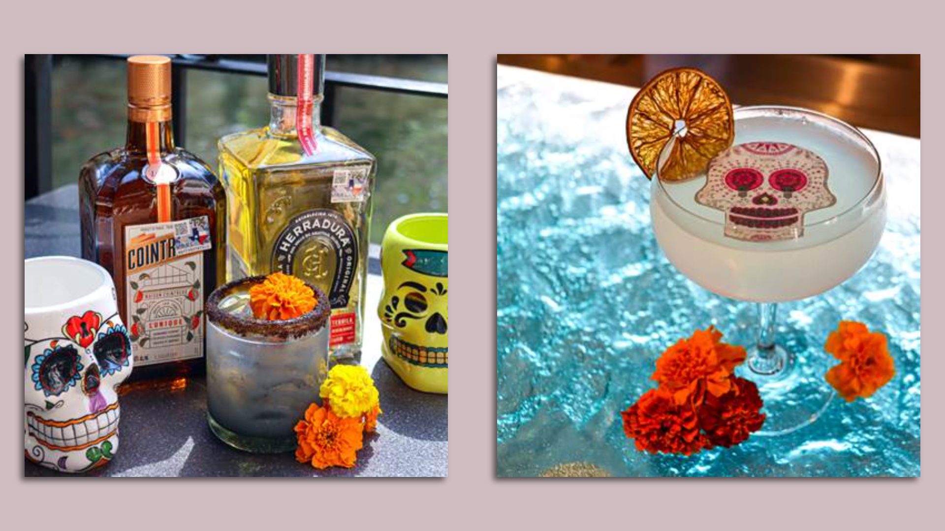 Side-by-side images showing two brightly garnished cocktails. 