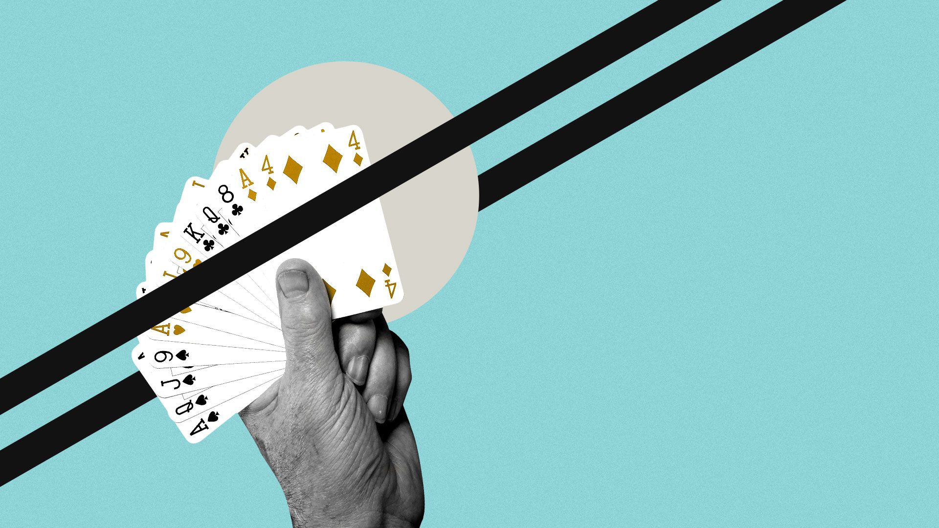 Illustration of hand holding playing cards.