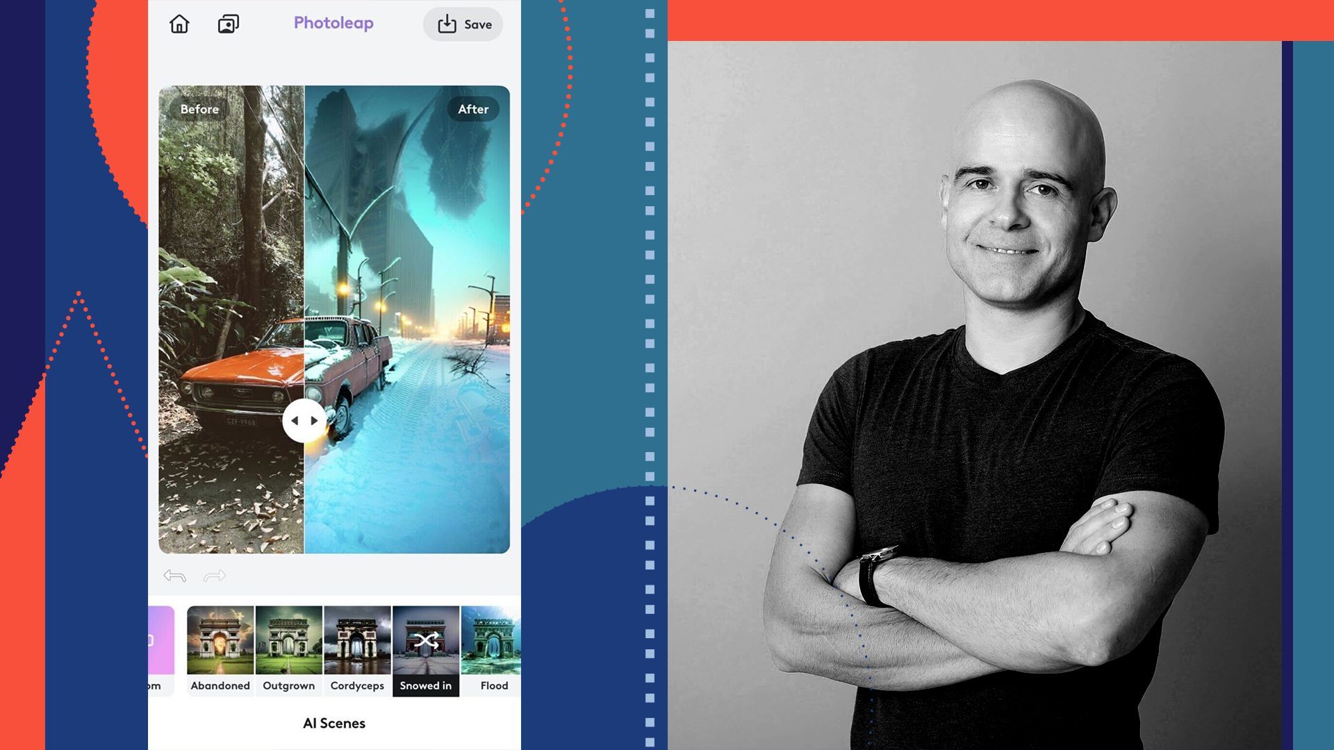 Photo illustration of Zeev Farbman, CEO and co-founder of Lightricks, next to graphic shapes and screenshot of the photo editing app