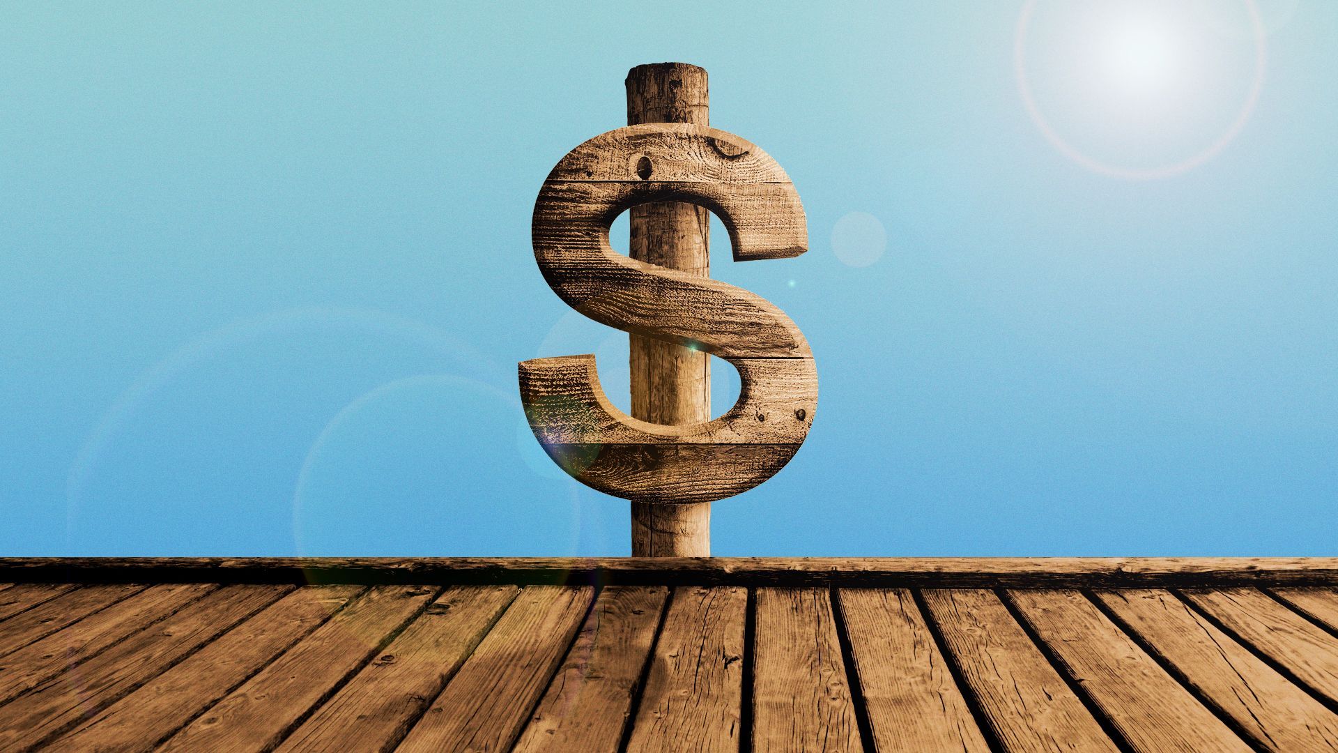Illustration of a dollar sign made out of a wooden post on a boat dock.