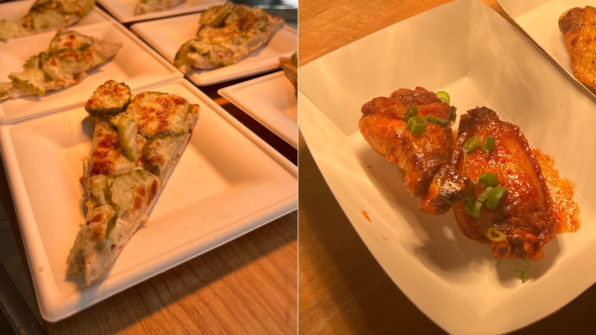 Pickle pizza and a plate of hot wings