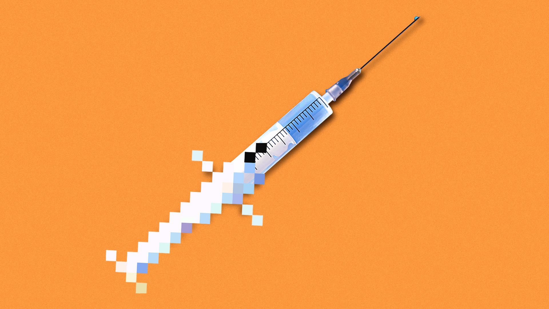 Illustration of a pixelated vaccine syringe.