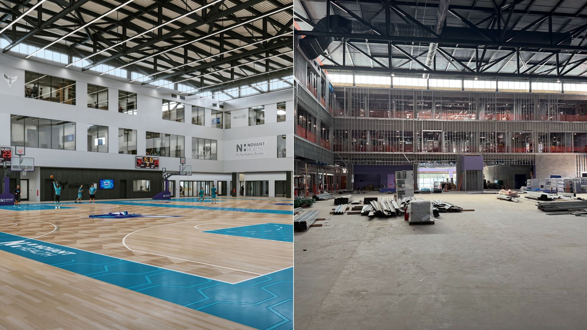 Split image of an indoor arena: left shows a bright, modern basketball court with players and glass offices; right shows the same space under construction with exposed steel beams.