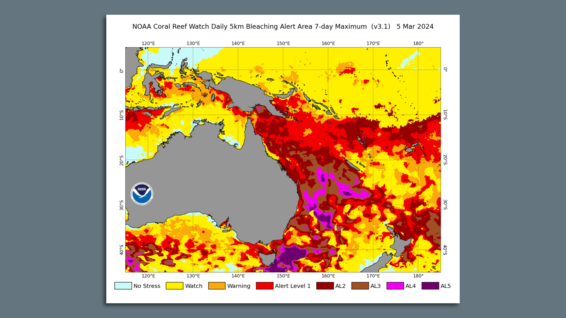 A NOAA image showing extreme bleaching along Australia's Great Barrier Reef.
