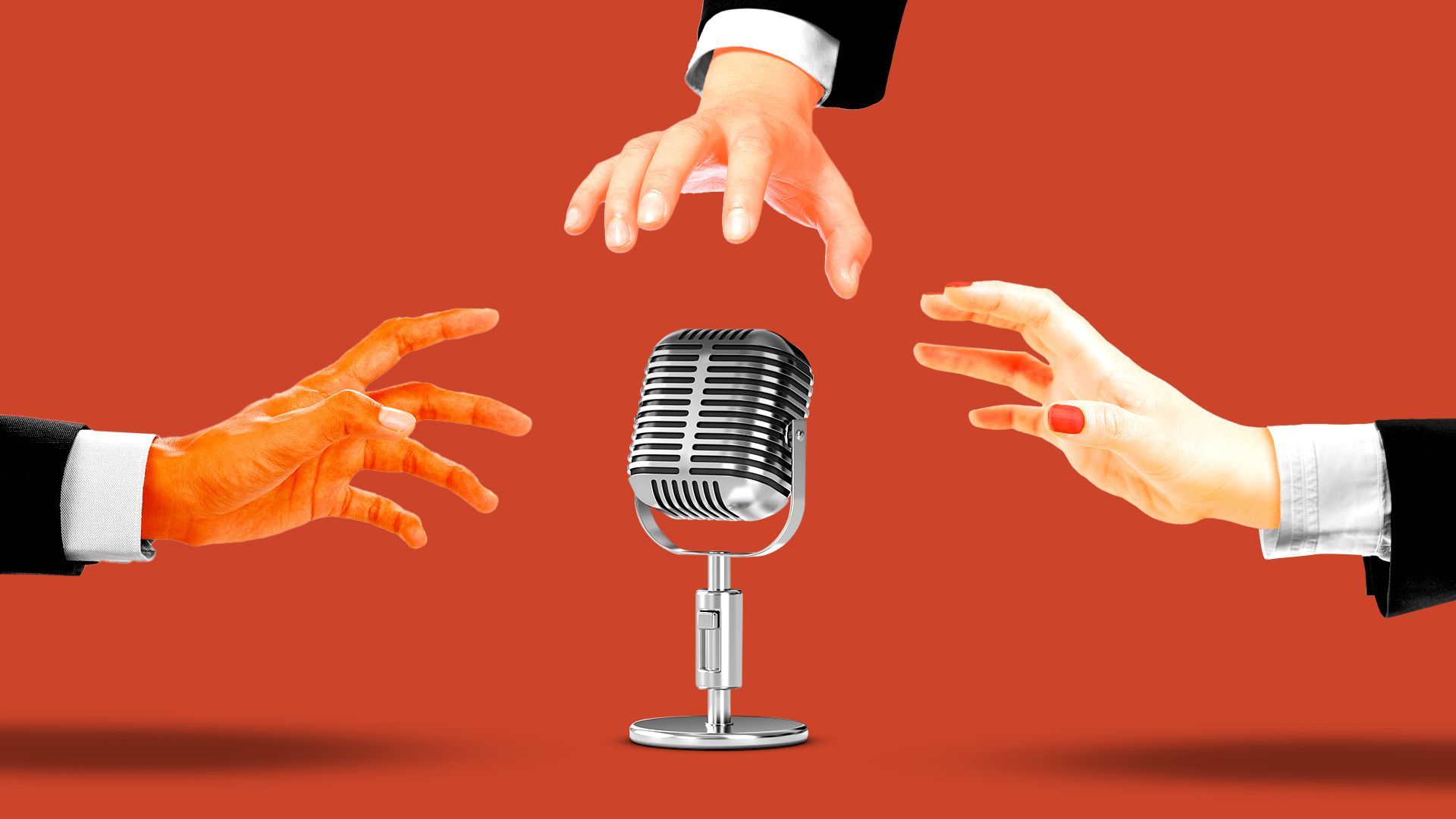 Illustration of hands reaching out for an old fashioned microphone.