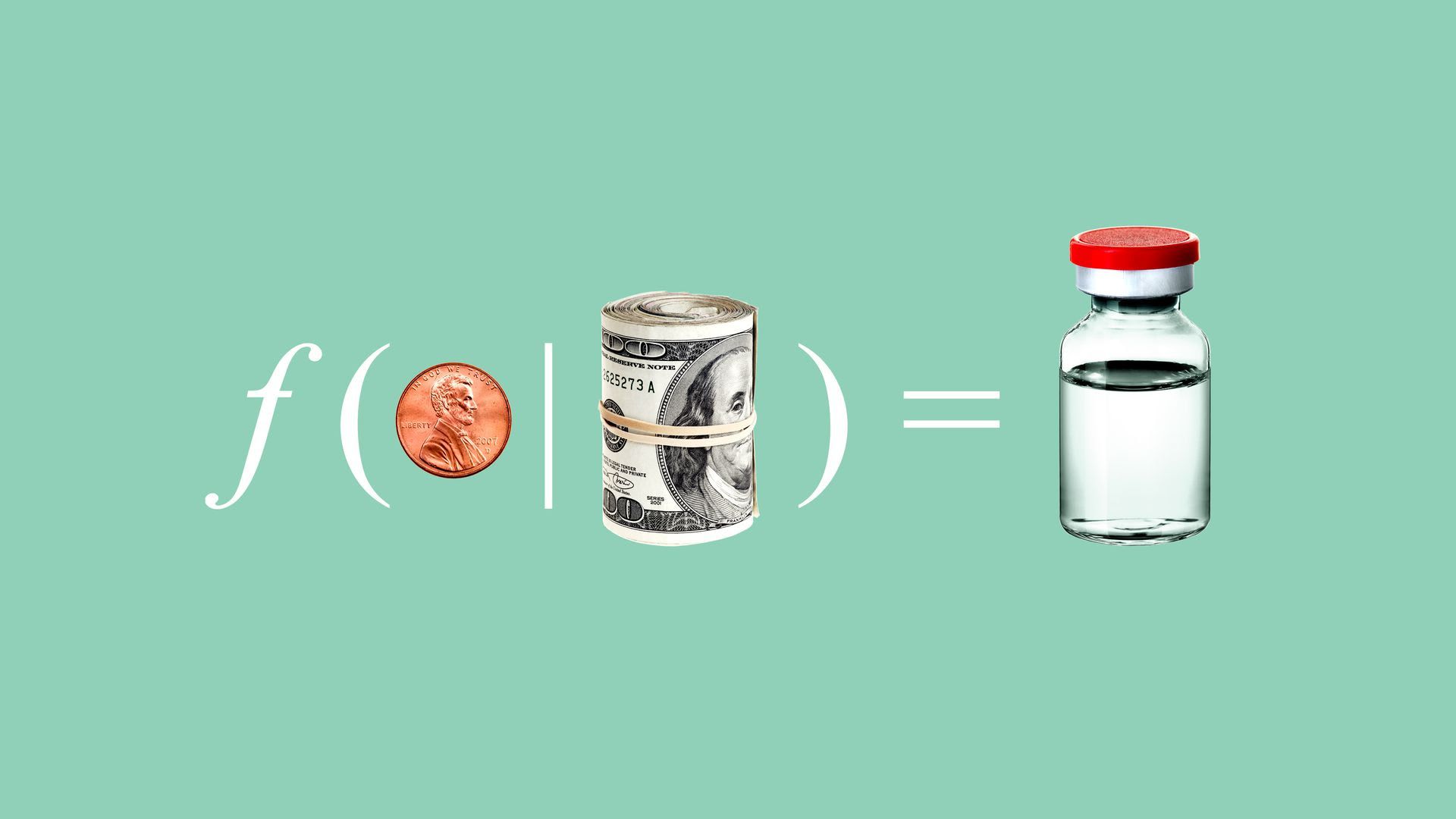 Illustration of a math equation with money leading to a vaccination bottle