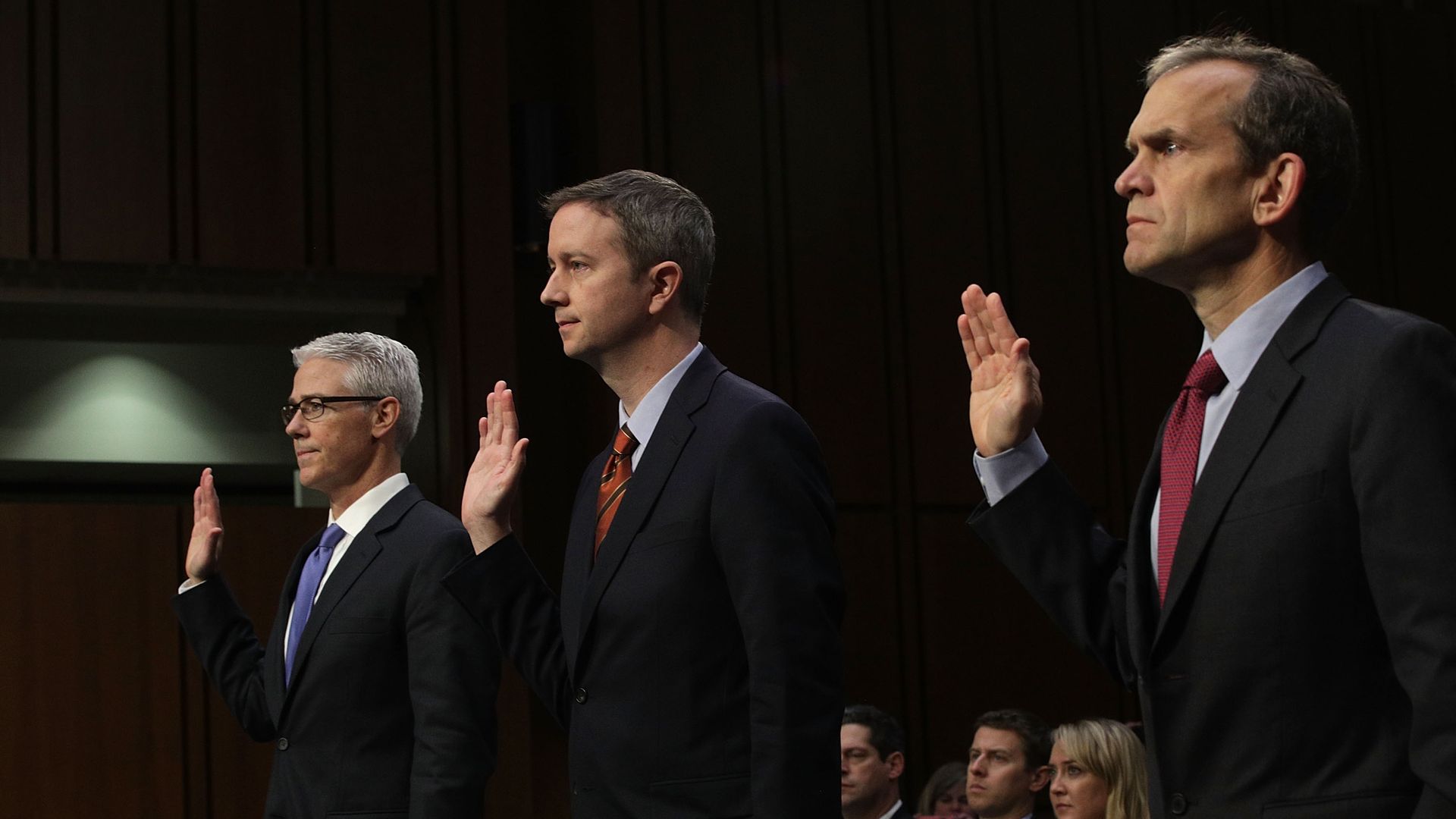 Employees of Facebook, Twitter and Alphabet are sworn in to testify before a congressional hearing
