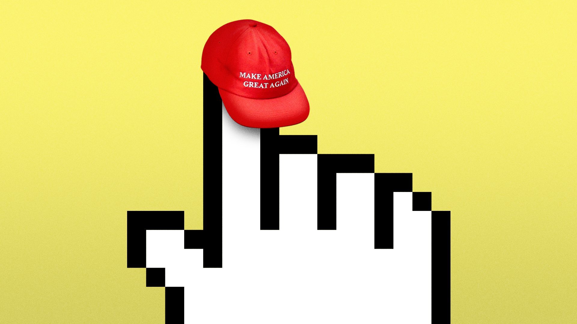 Photo illustration of a hand cursor with a MAGA hat resting on the index finger.